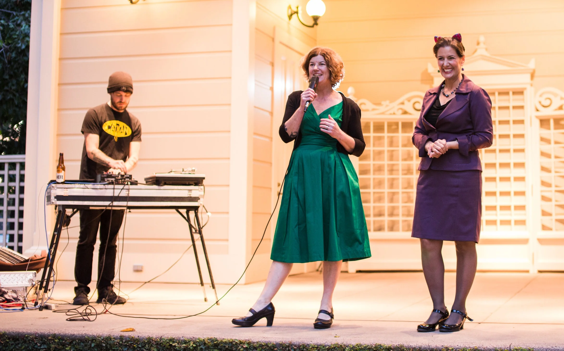 From left to right: DJ Adam Myatt (AKA The Cat Man of West Oakland), Cat Town Founder and Executive Director, Ann Dunn, and Oakland Mayor Libby Schaaf. Photo by Nautilus Lens Photography.