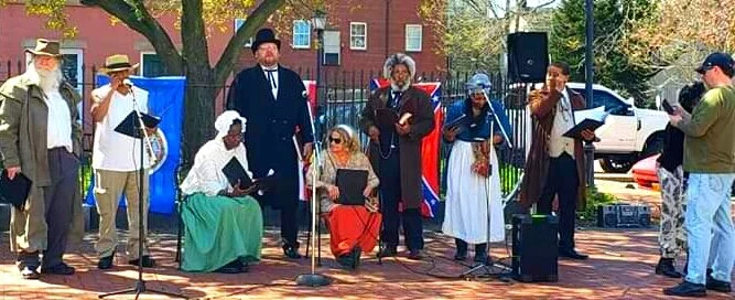 Staging of Abolitionists’ Museum by Sheri Bailey in front of a confederate monument (not shown) in downtown Portsmouth, 2019.  A year later, the monument was pulled down by citizens during the nation’s response to George Floyd’s death.