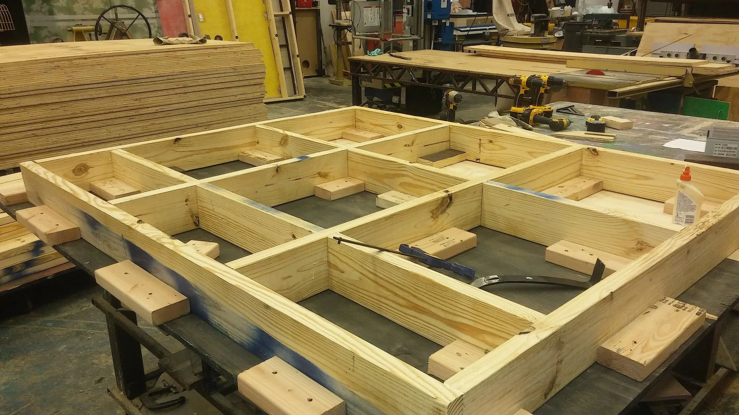 Rebuild of Trapped Stage Floor at the Tatum Theatre-Dept. of Theatre USM (building of individual plugs for stage floor)