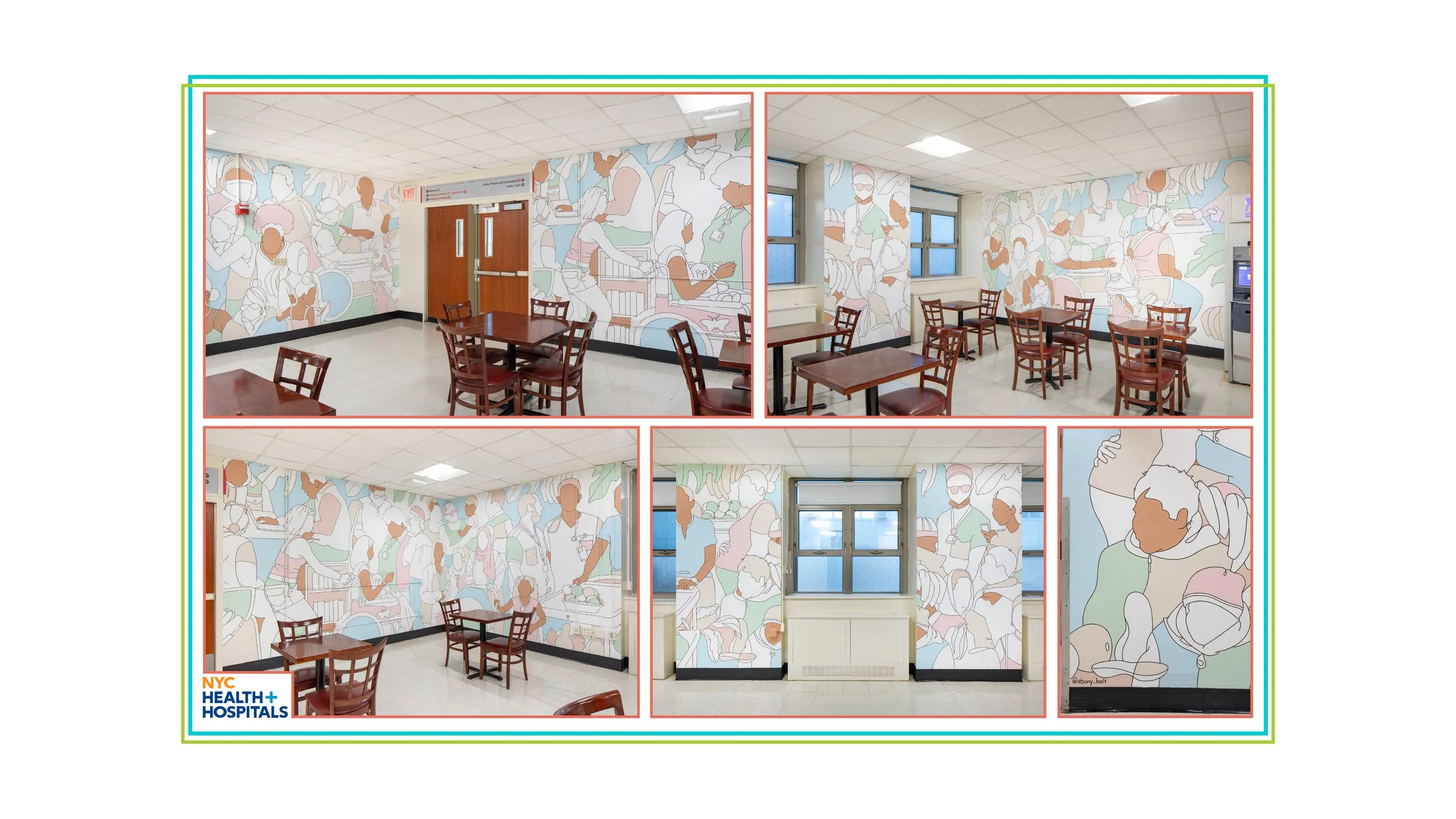 Healing For All, (2024), mural created for Jacobi Hospital through New York City Health & Hospital Community Mural Program. The piece is included in the Jameel Arts & Health Lab HoMe Study that examines how murals in hospitals affect the wellbeing of