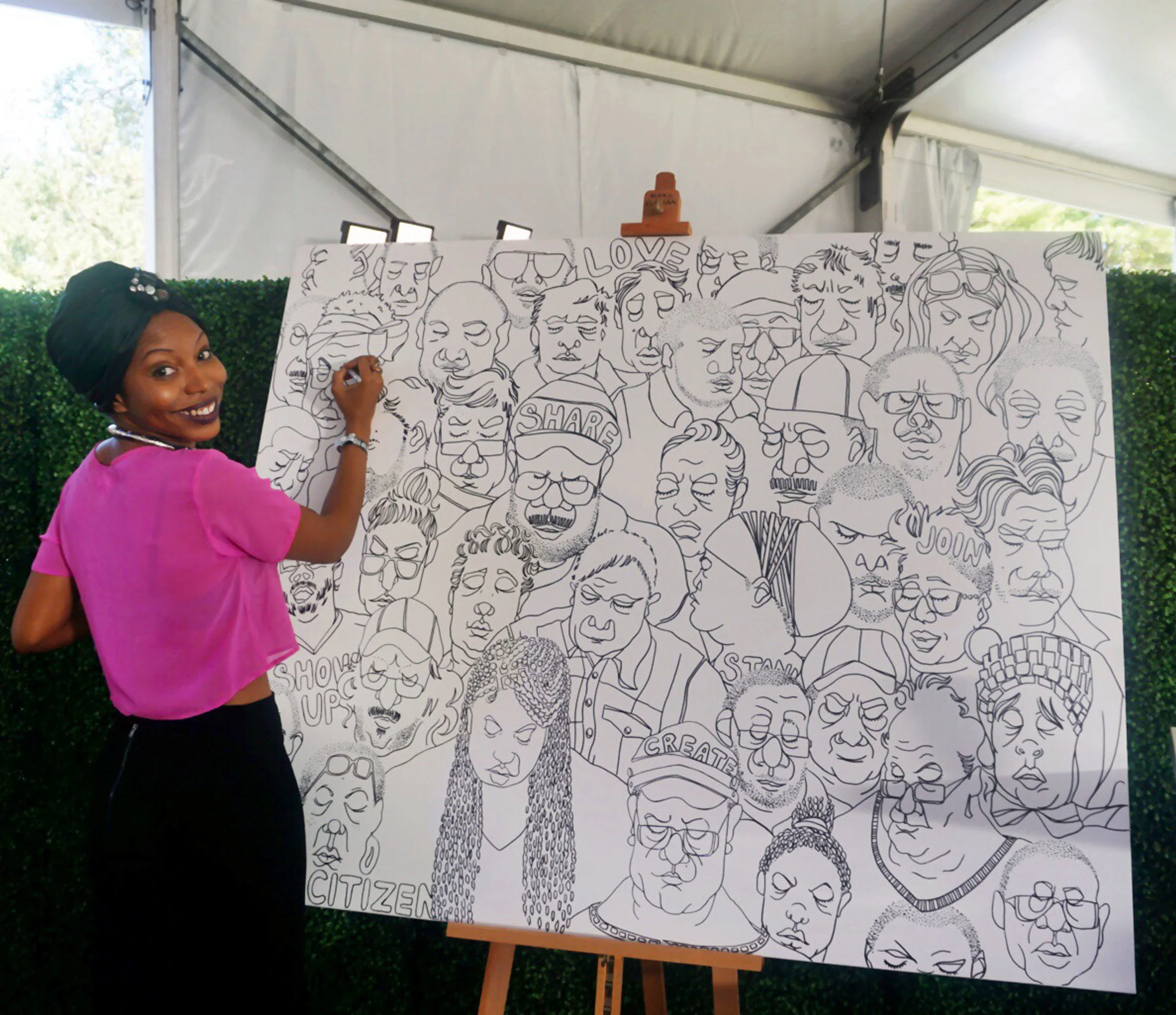 Color Me Through - Global Citizen (2016) Grateful to have worked with Global Citizen through St-Art Now to create an interactive piece titled Color Me Through. GC is an international education and advocacy organization working towards the end of extreme poverty by 2030. The purpose of my design was to remind people that their struggles are all connected, especially during times of crisis. Attendees were given markers to color in each person however they wanted.