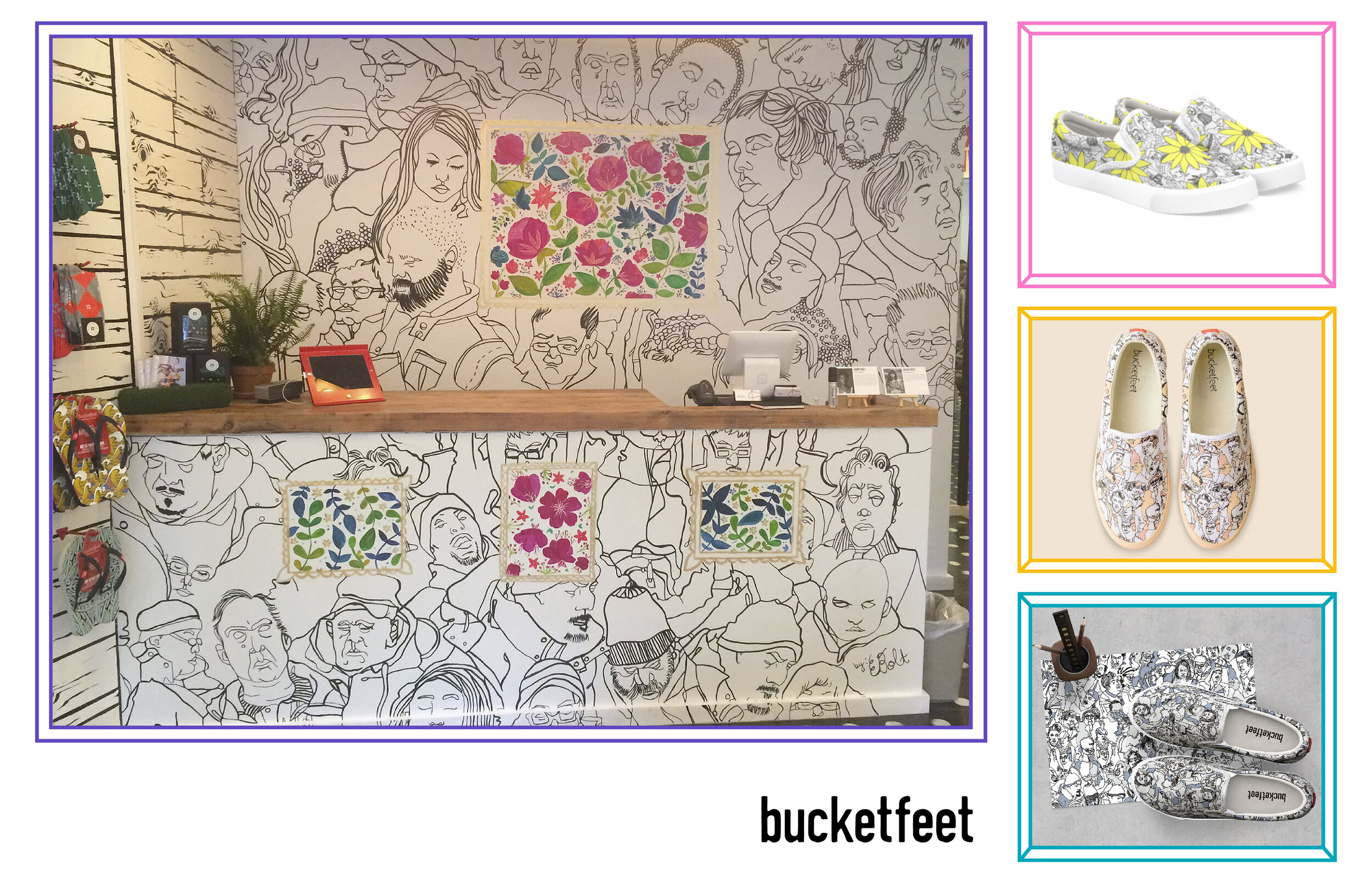  Bucketfeet Nolita Pop Up Shop Mural in collaboration with artist Meera Lee Patel (May 2015)     Floral People  Slip On Sneaker (2019),  Neutral Peeps  Slip On Sneaker (2019),  Neutral Peeps  Slip On Sneaker in Blue (2019) 