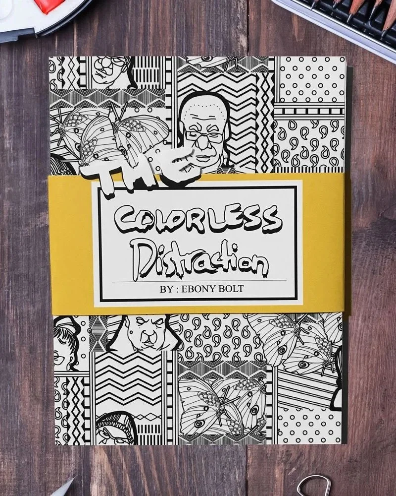 Book cover titled "Colorless Distraction" by Ebony Bolt, featuring black and white illustrations of people and butterflies with a yellow band across the middle.
