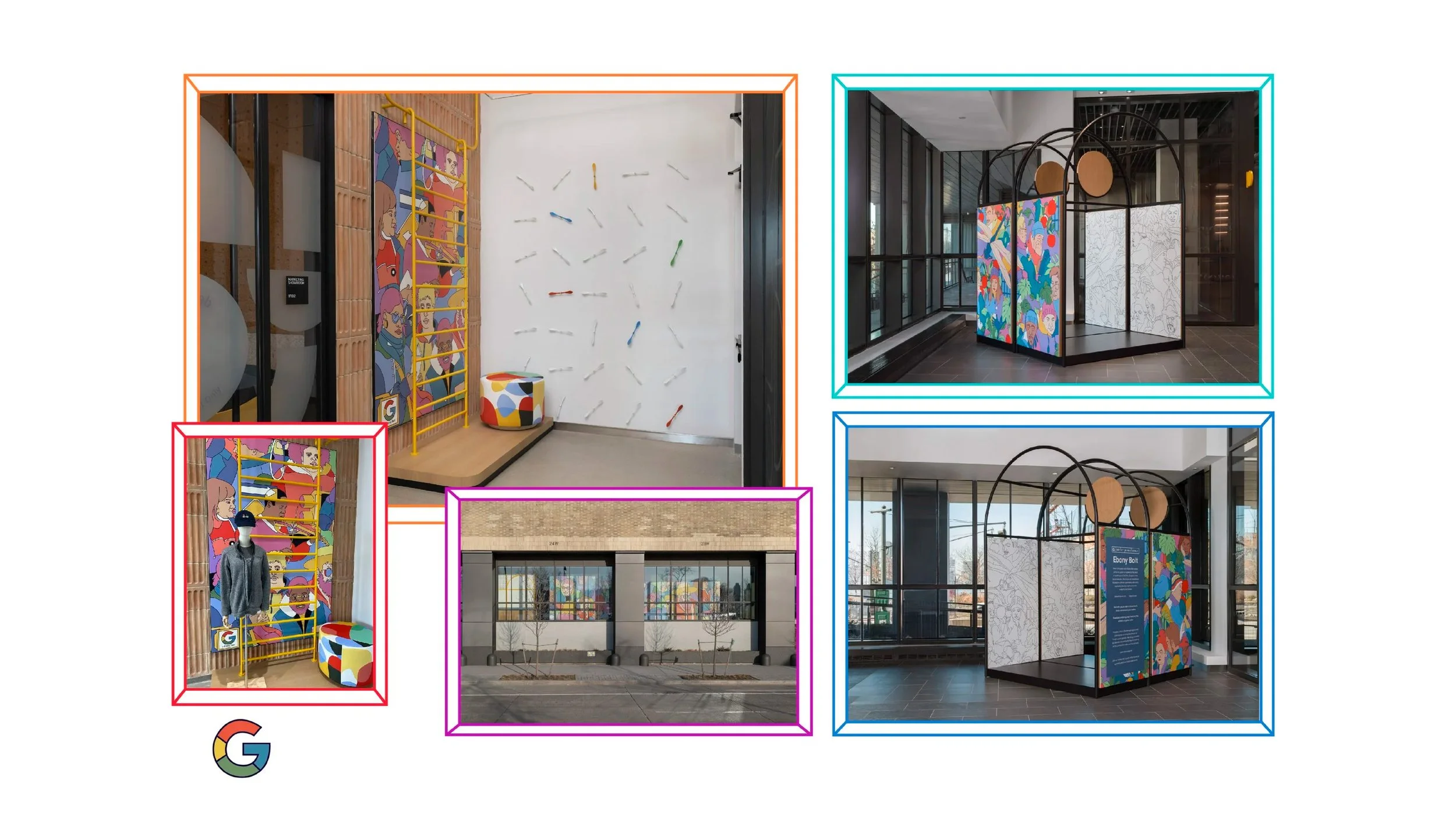 Excited to be a Google Artist in Residence. Artwork, "The New Yorkers," is featured at the St. John's Terminal in NYC. The location opened April 2024. The design celebrates the diversity of the city and features bright multi-colors. There is a featur