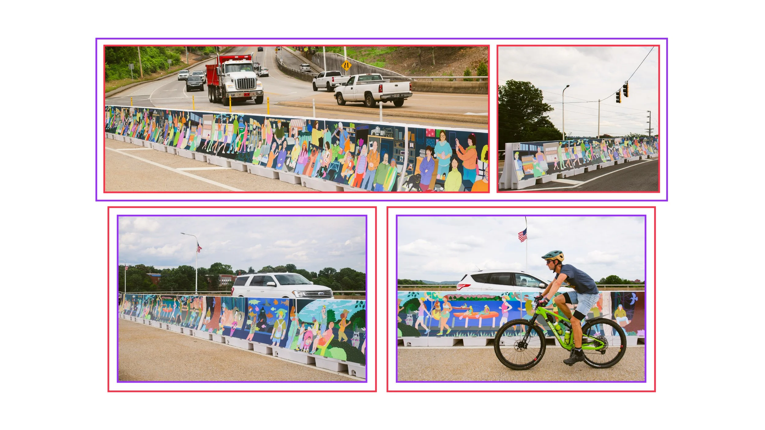 Temporary public art project, Love to Chattanooga (2025), is featured on the Veterans Memorial Bridge in Tennessee. The project is in collaboration with Via Partnership and City of Chattanooga. The repeating artwork is featured on a total of 60 barri