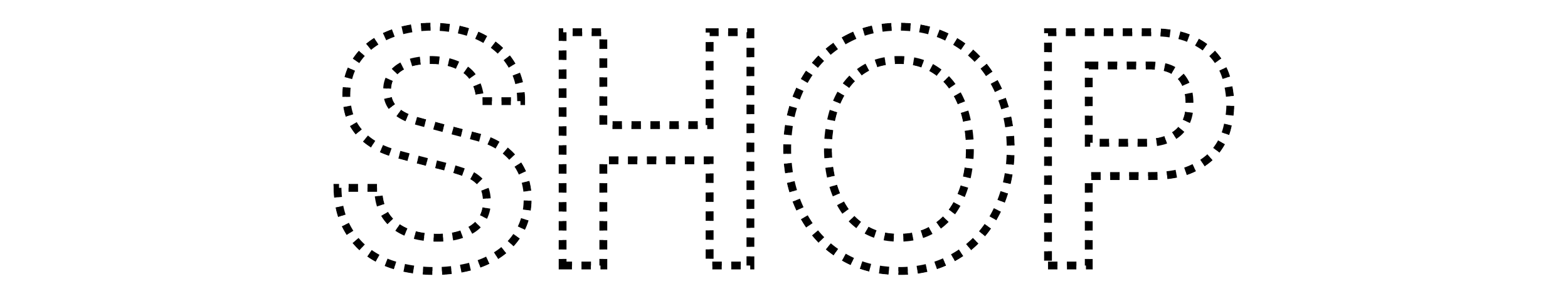 Text that reads 'SHOP' in white letters with a dotted outline on a black background.