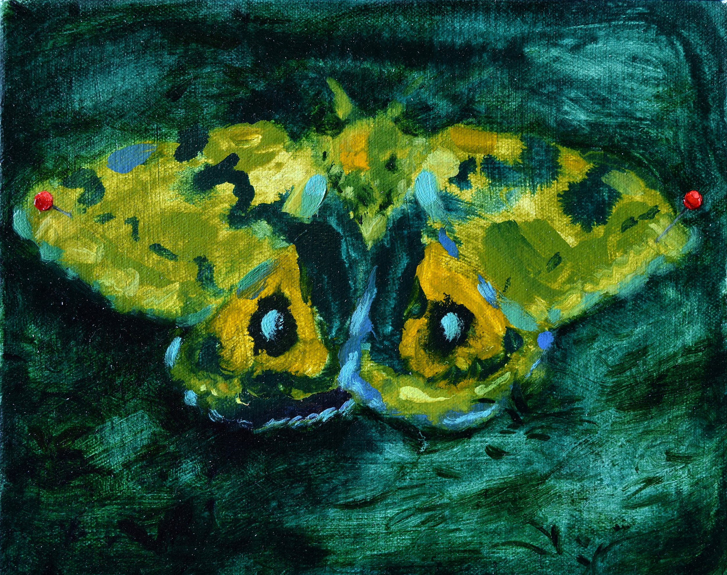Wings Turn to Petals flashe, dye and oil on canvas 8 × 9 inches 2025