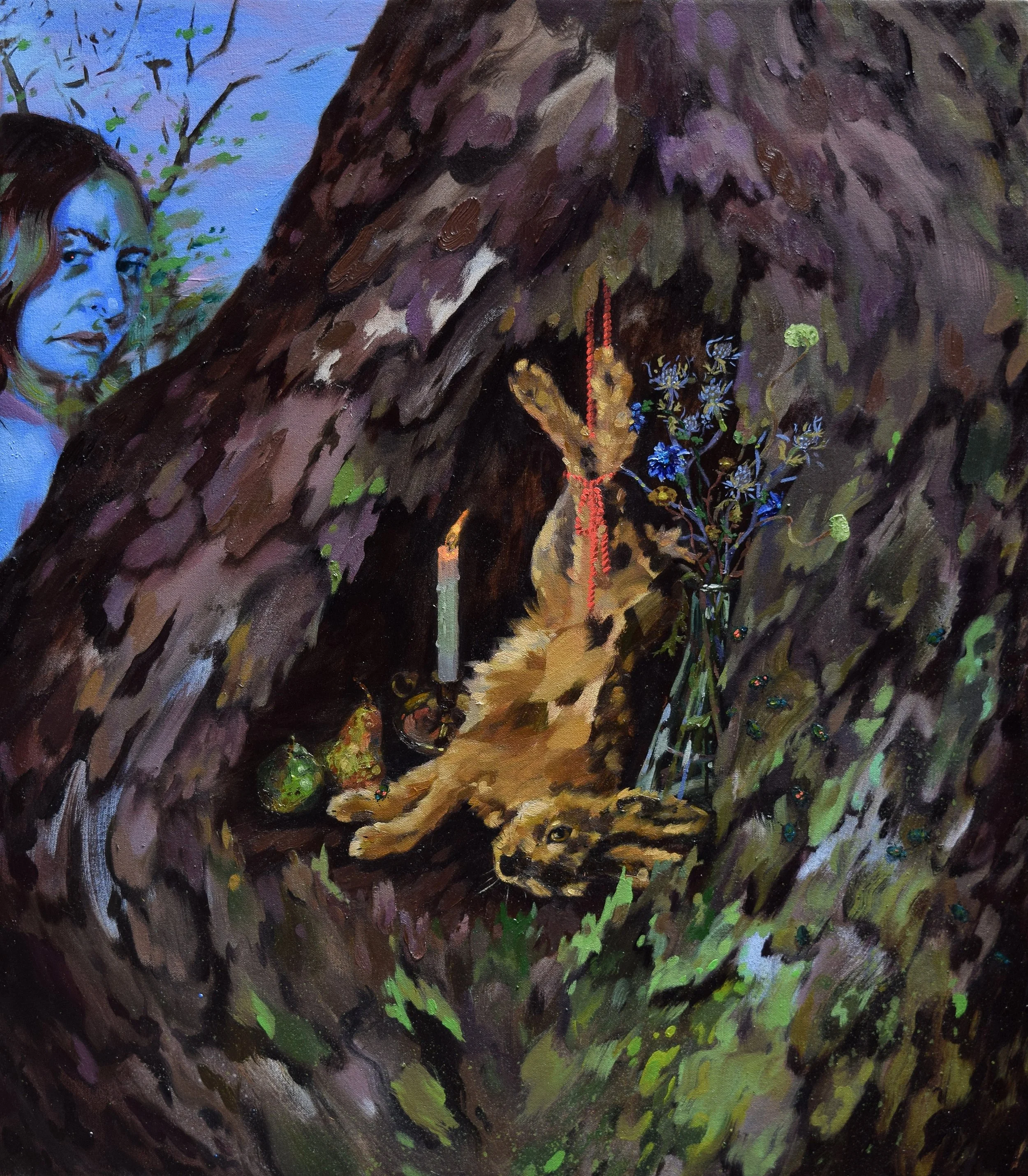   The Hare   flashe, dye and oil on canvas  32 × 28 inches  2025 