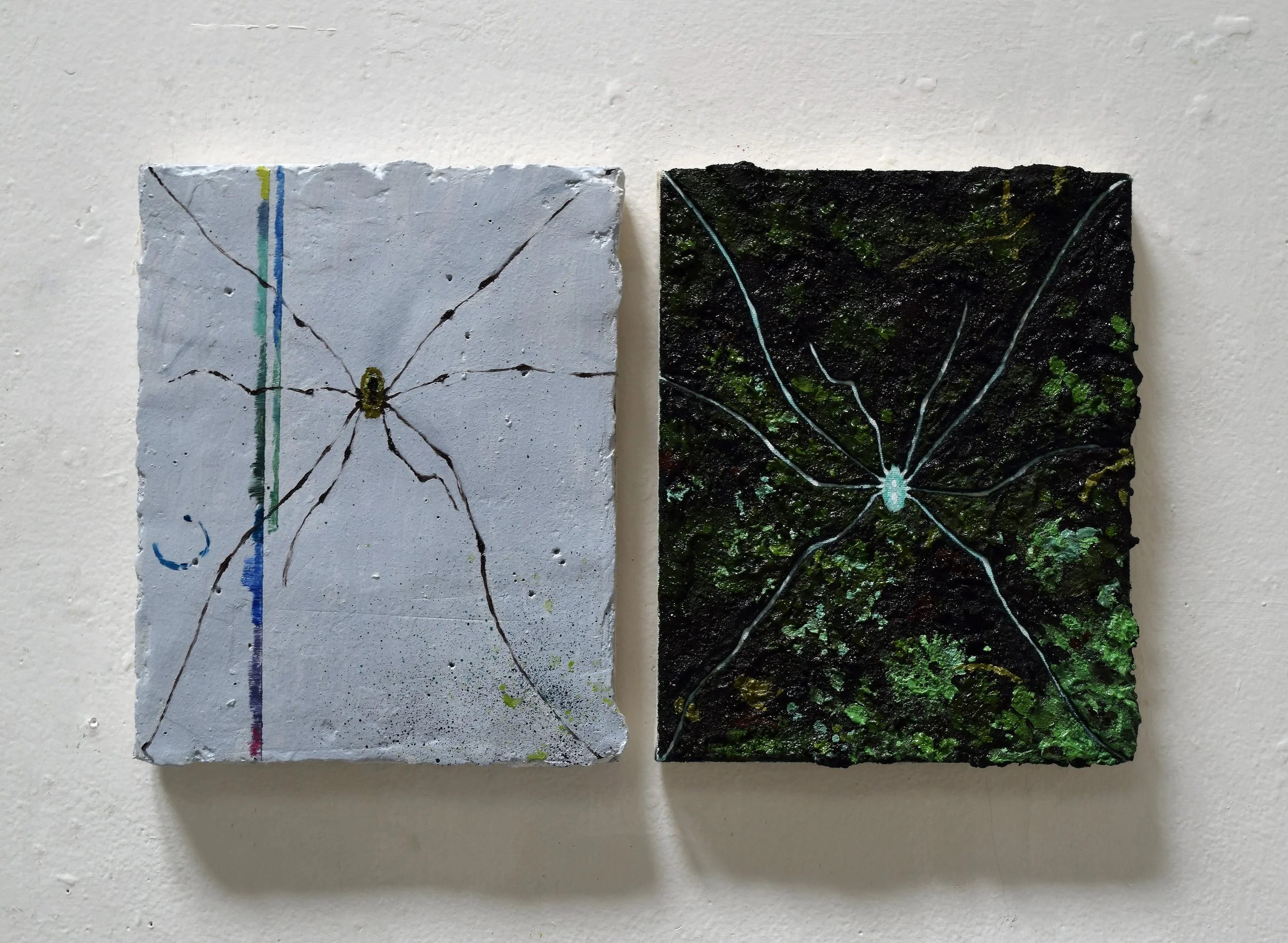  Inside, Outside   plaster, sand, flashe, acyrlic, dye and oil on canvas  two 10 × 8 canvases  2026 