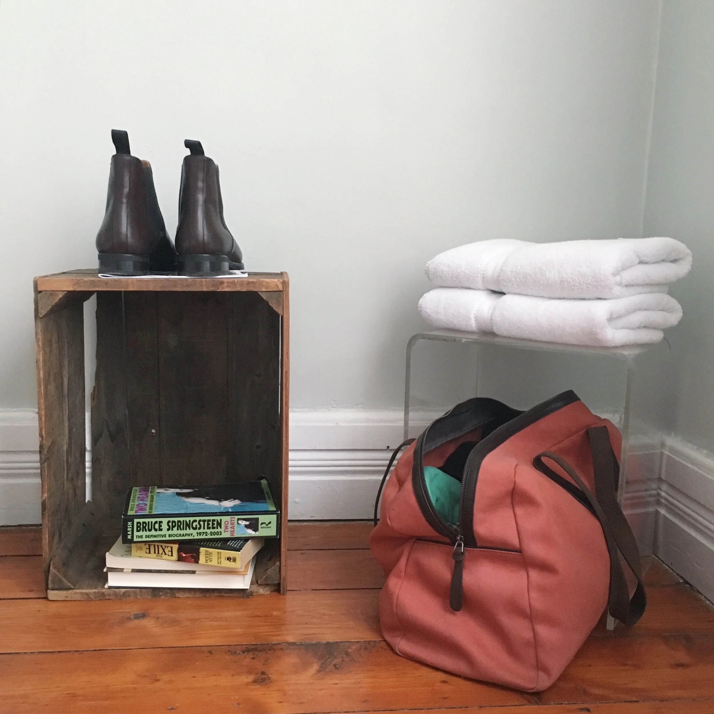 Chelsea Boots by Jack Erwin; Weekender Bag by Everlane