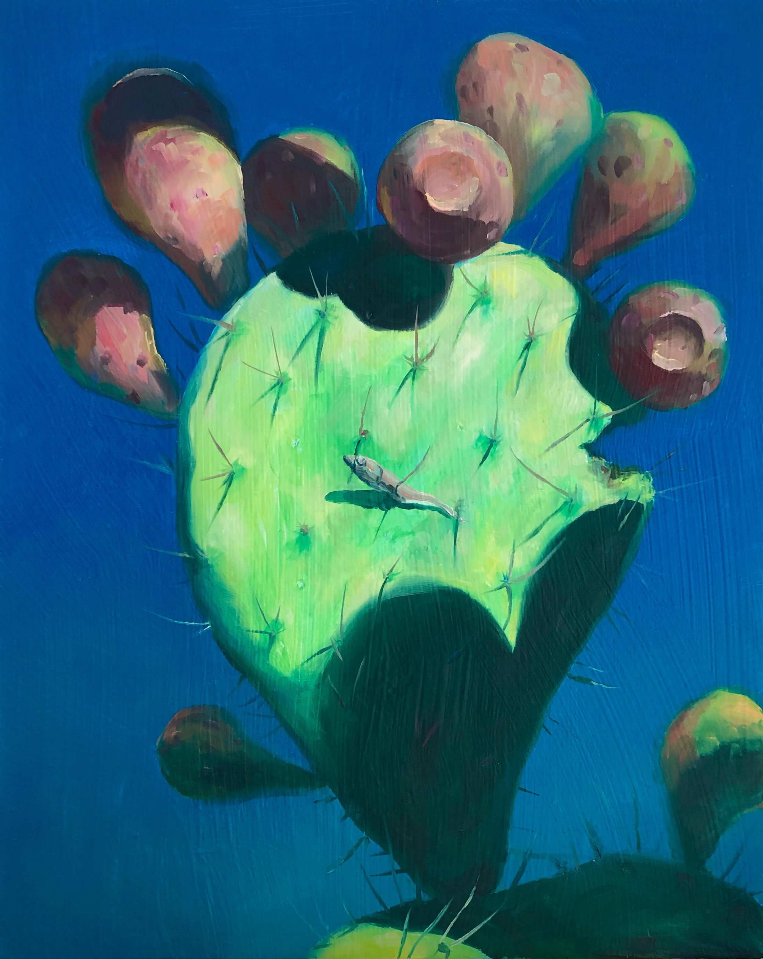   Amy Tidwell,   Myeolchi Pinned to Prickly Pear , 2021, Oil on panel, 20 x 15 1/2 in. 
