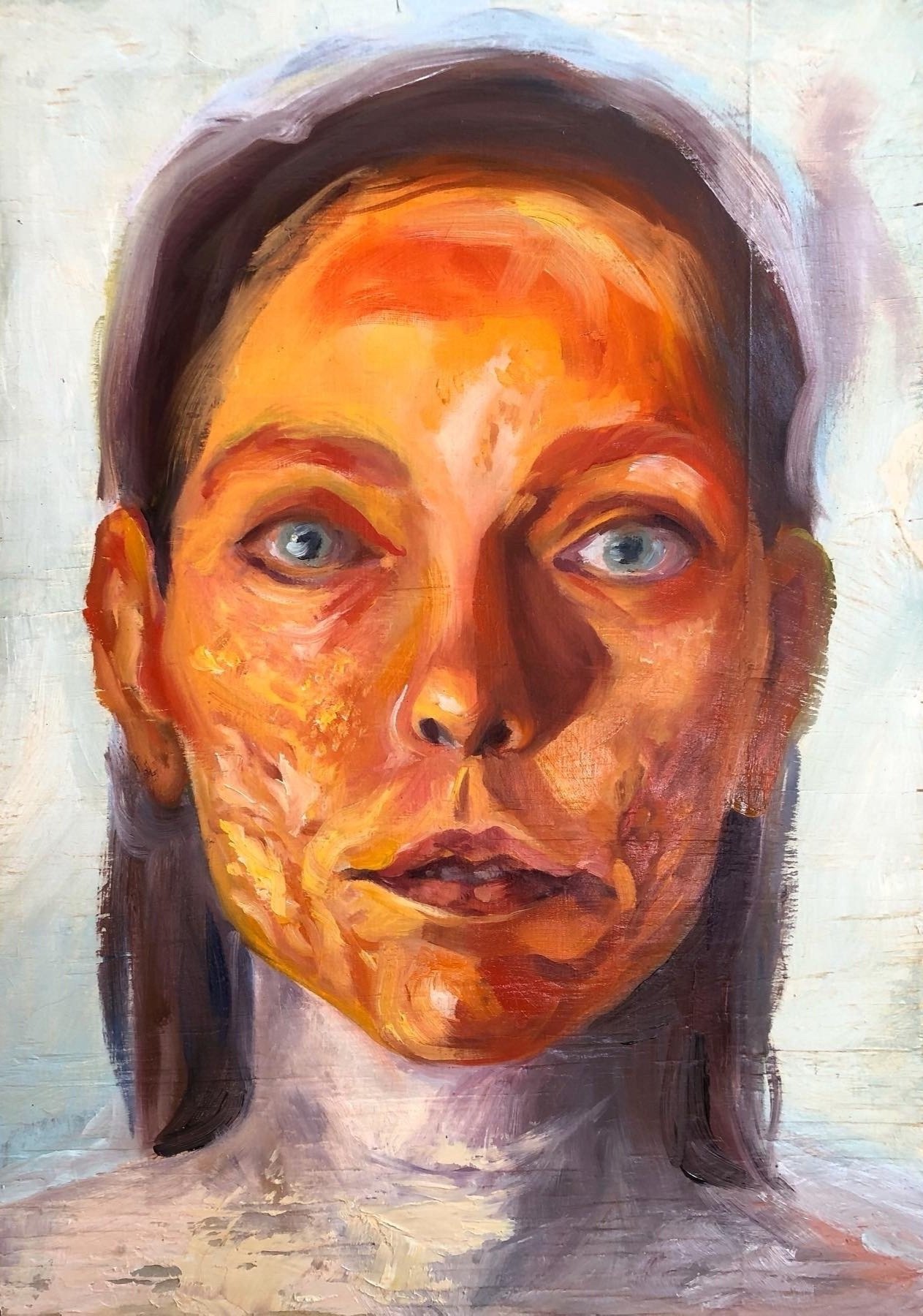   Amy Tidwell ,  Self Portrait with Orange Face and Acne Scars , 2020, Oil on found board, 17 x 12 in. 