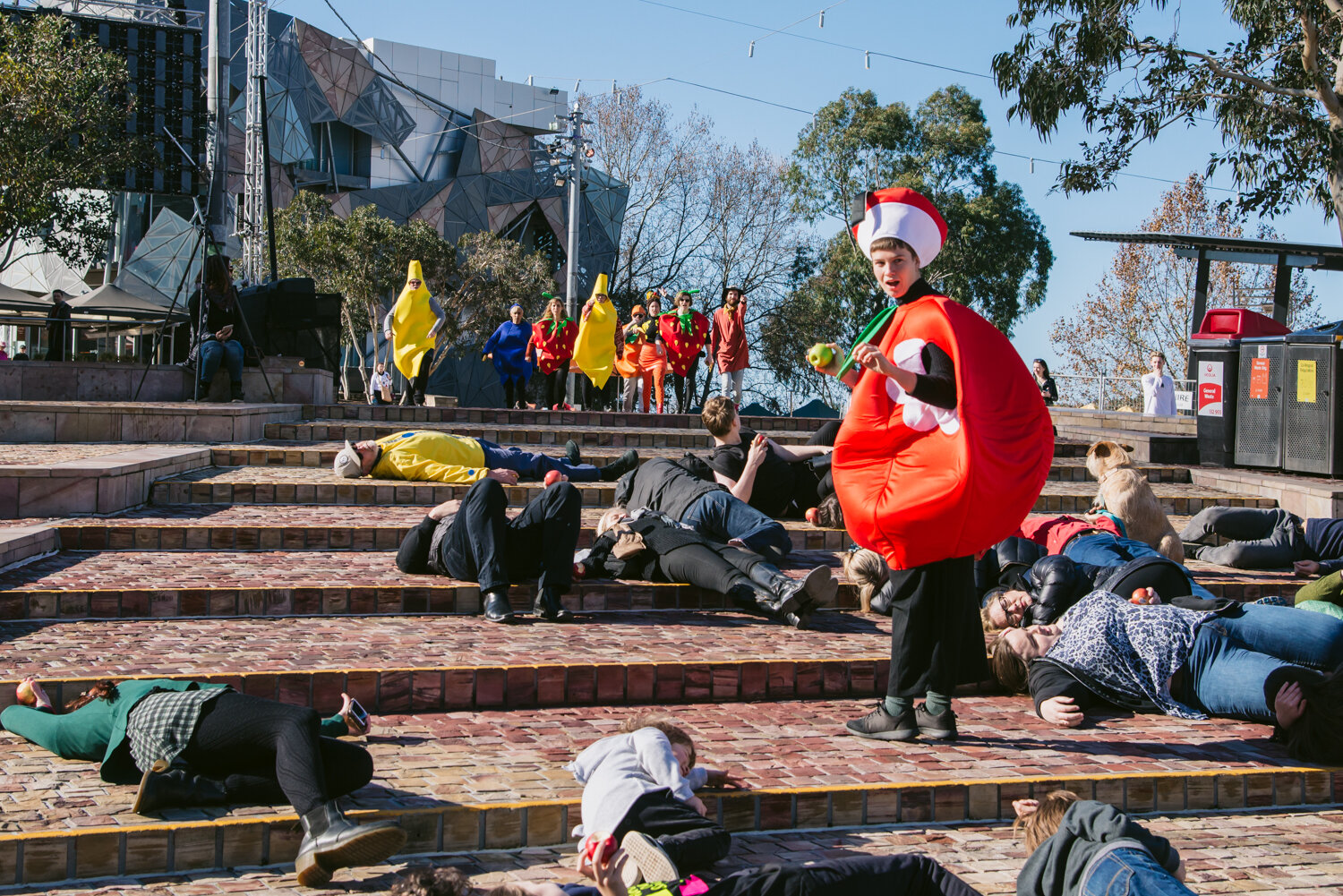 Episode 10 centred around the idea of 'Serious Play', shown by staging a protest of the then in-development Apple Store in Federation Square. 