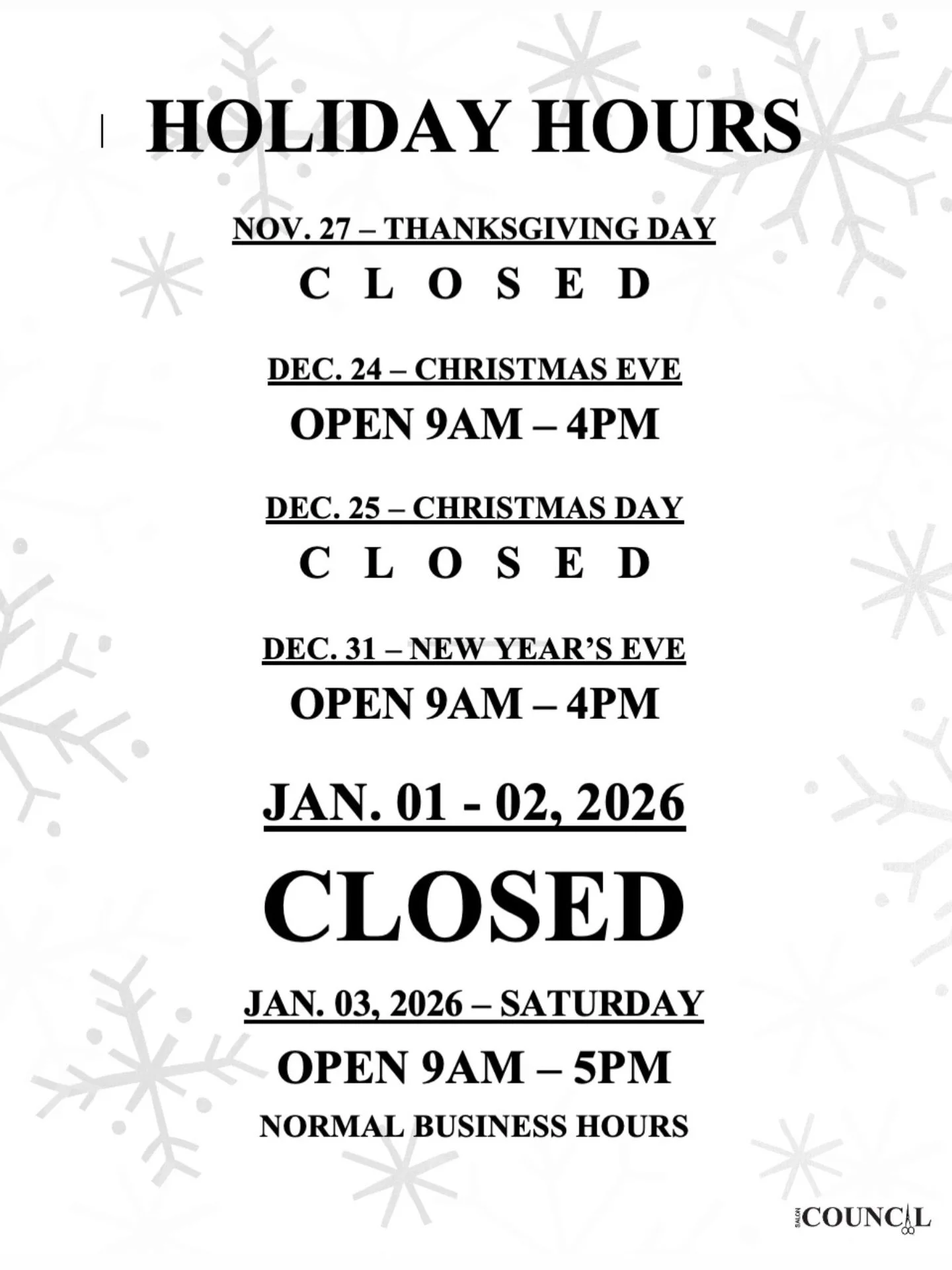 Salon Council Holiday Hours 🎄✨

Yes &mdash; we will be CLOSED this Thursday, November 27 in celebration of Thanksgiving Day. 🦃🍁
We hope you enjoy the holiday with your loved ones!

✨ Please check out the rest of our December &amp; New Year holiday