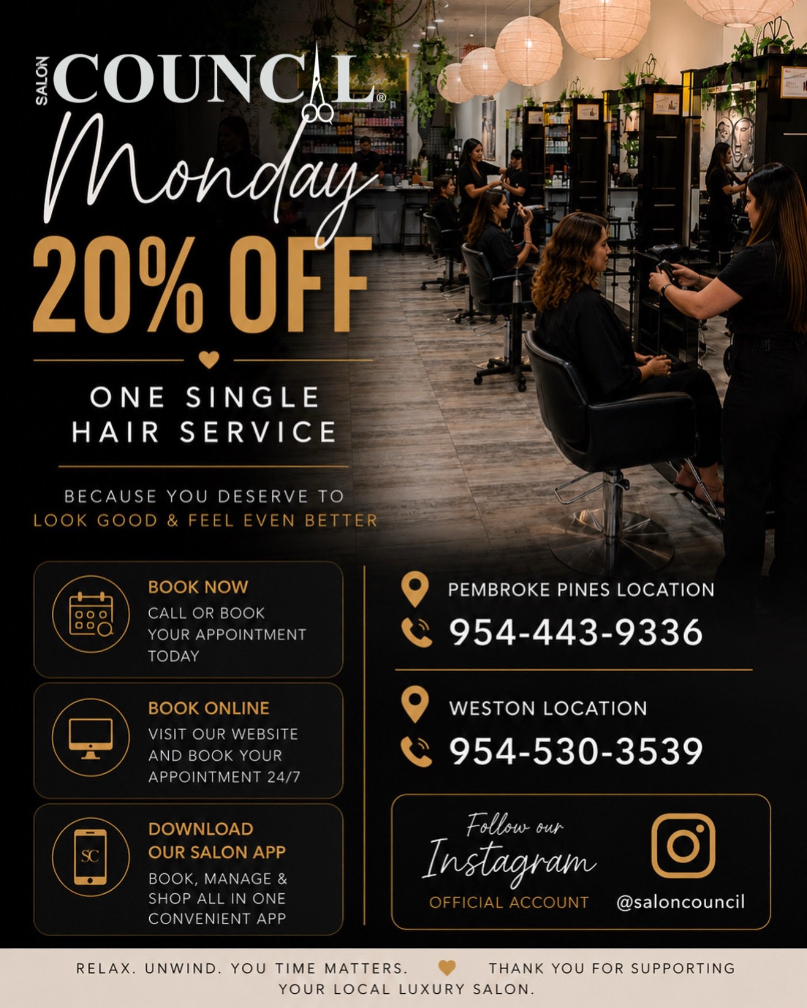 Mondays just got better at Salon Council!

Enjoy 20% OFF one single hair service every Monday and give yourself the refresh you deserve.

We&rsquo;re open 7 days a week, including Sundays and Mondays, so you can visit whenever it&rsquo;s most conveni
