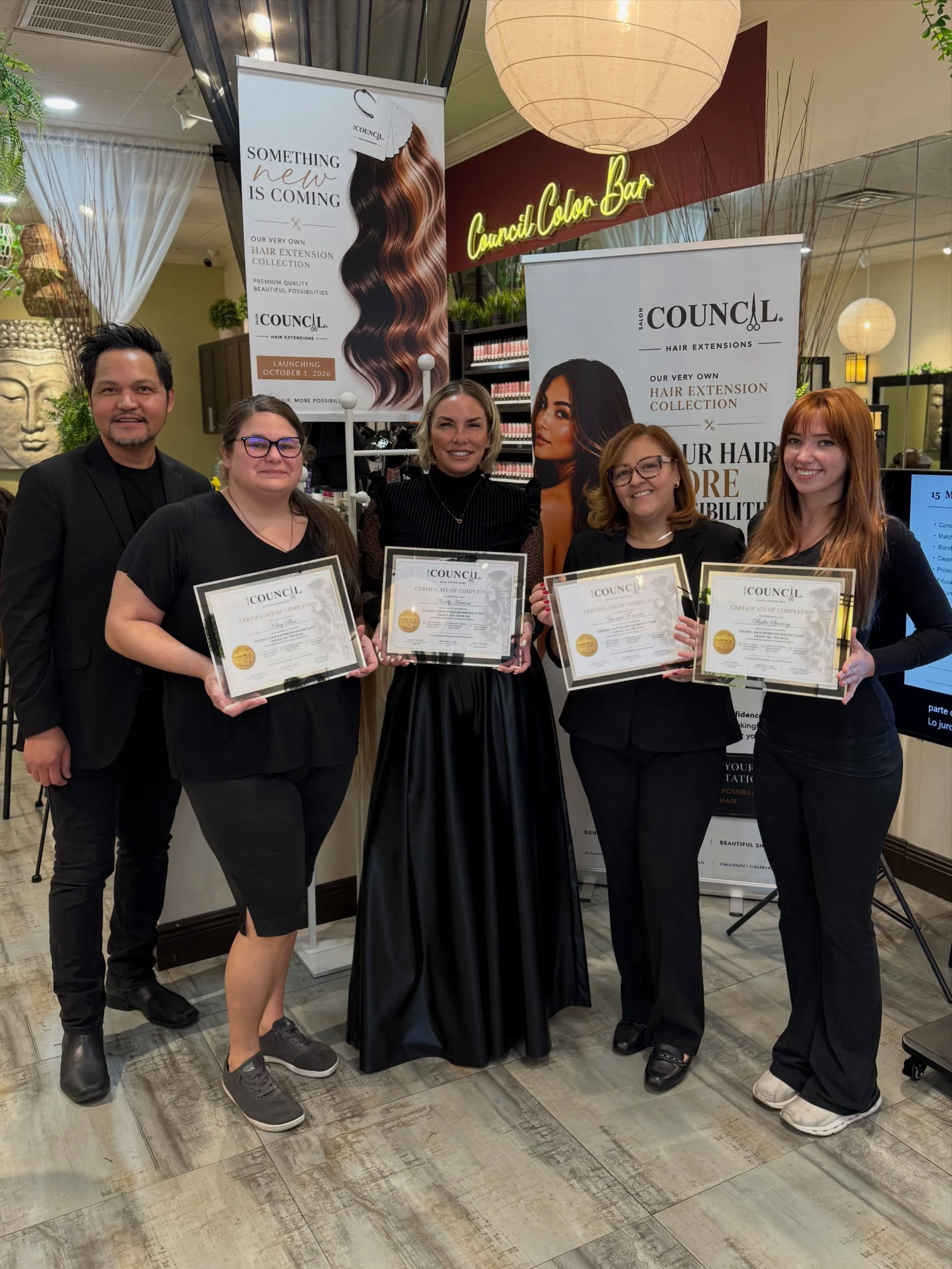 Another round complete! 🎓✨

Last Thursday, September 10, we completed our second Council Hair Extension Master Class Hands-On Training of the month. Kelsey, Bailee, Nedely, and Yari trained in Tape-In, Genius Weft, and K-Tip installation, facilitate