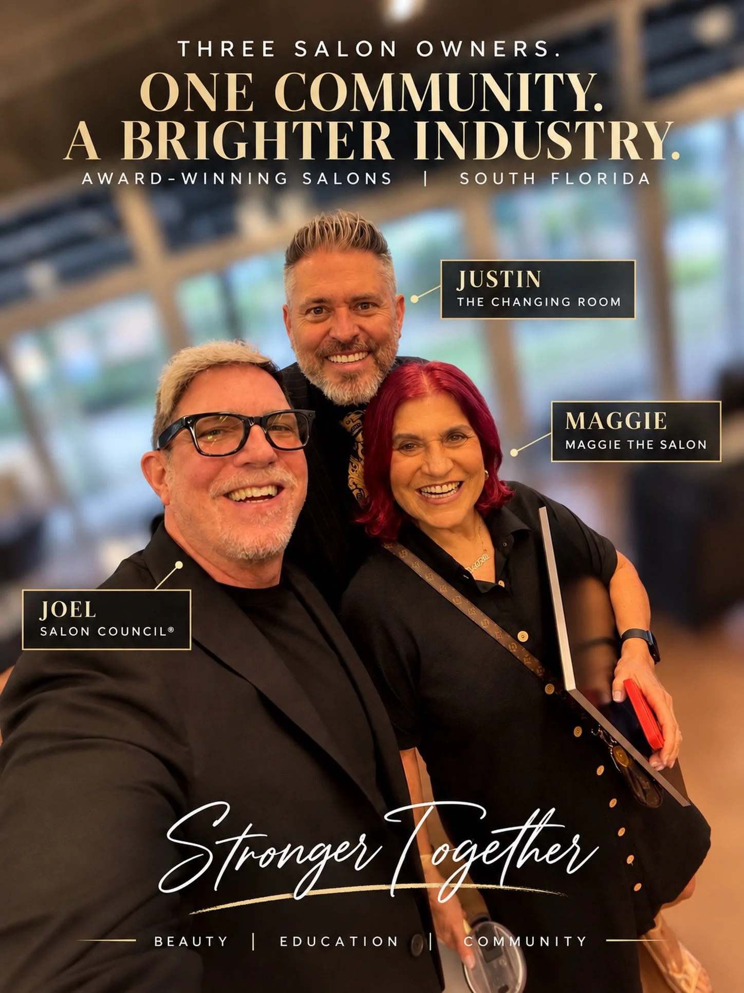 Three award-winning salons. One amazing community. ✨

A special moment bringing together three South Florida salon owners&mdash;Justin of The Changing Room, Maggie of Maggie The Salon, and Joel of Salon Council&mdash;at the Aveda Institute Career Fai