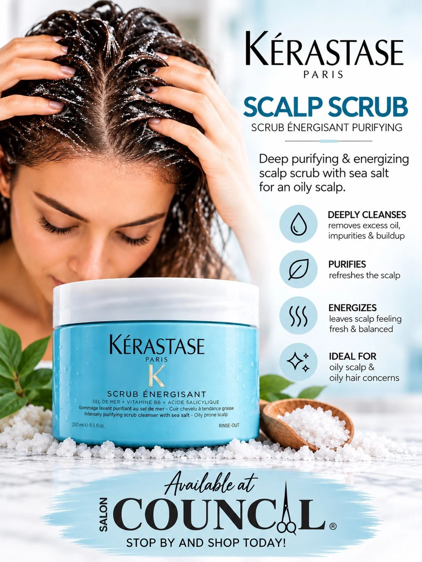 Oily scalp? Give it the reset it deserves. 💙 K&eacute;rastase Scrub &Eacute;nergisant deeply cleanses and purifies with sea salt, helping remove excess oil, impurities, and buildup for a fresh, balanced scalp.

Available at Salon Council &mdash; sto