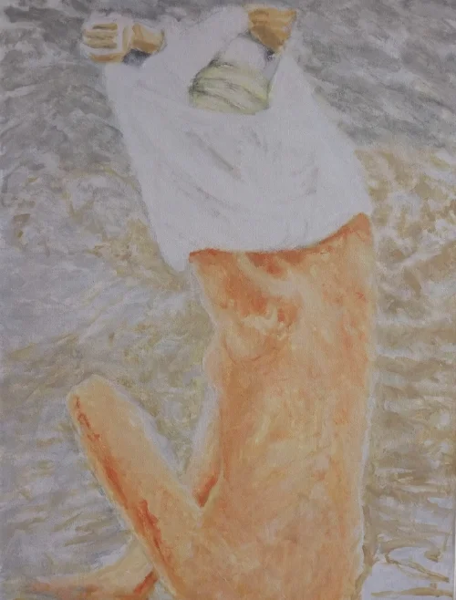 Woman on rocks, 12 x 16", oil paint on wood panel