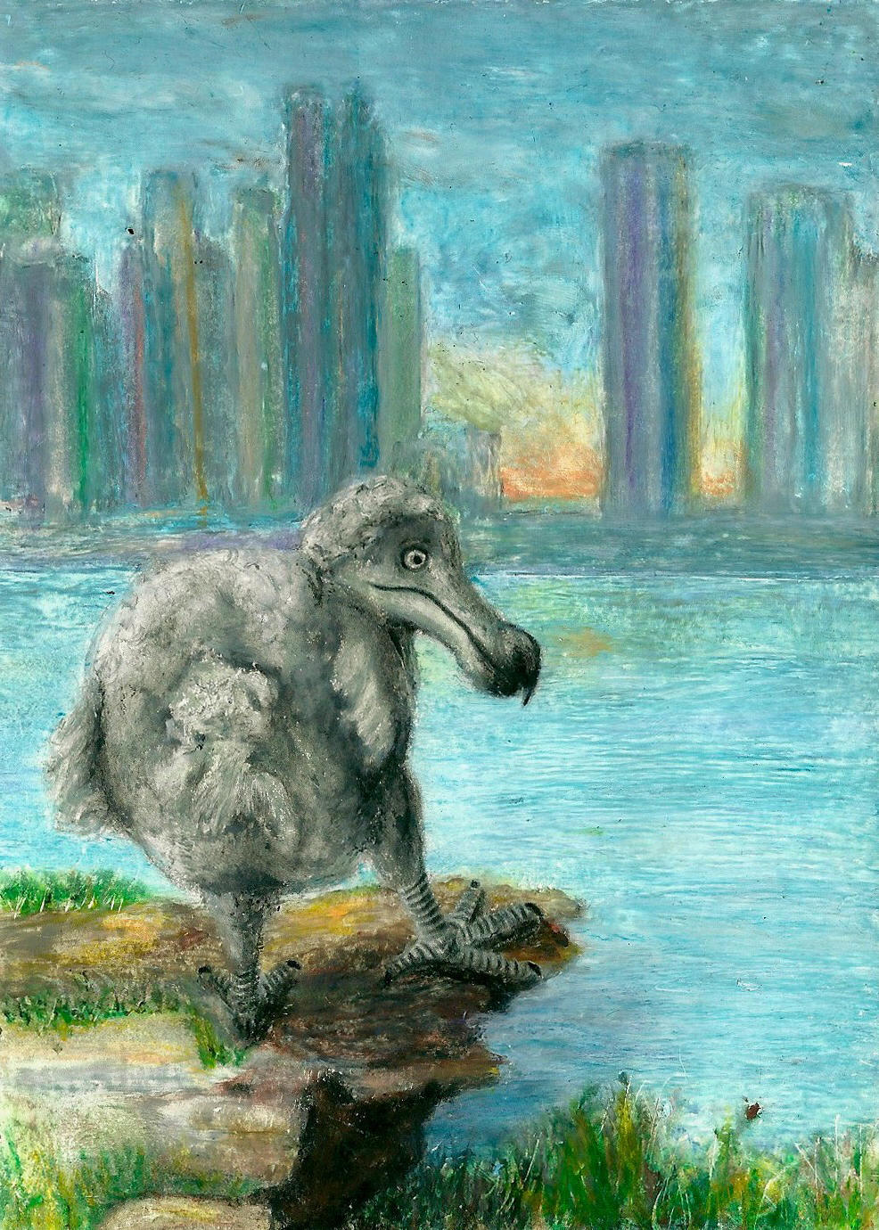 Dodo on a Cliff in Front of a Cityscape