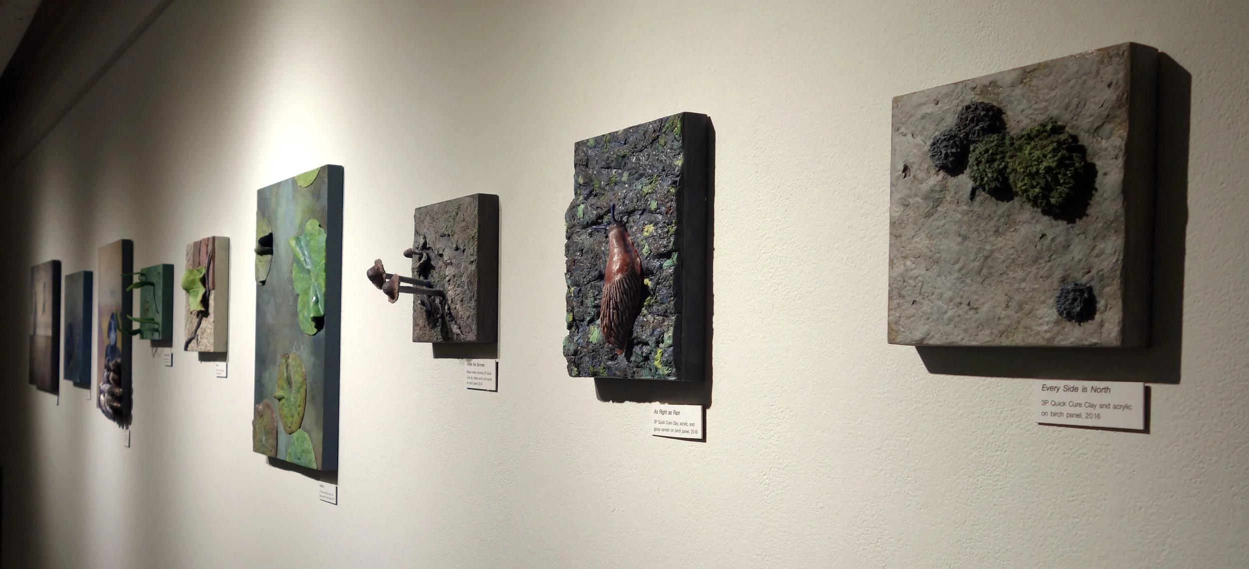 An image of my wall of artwork from the exhibition.