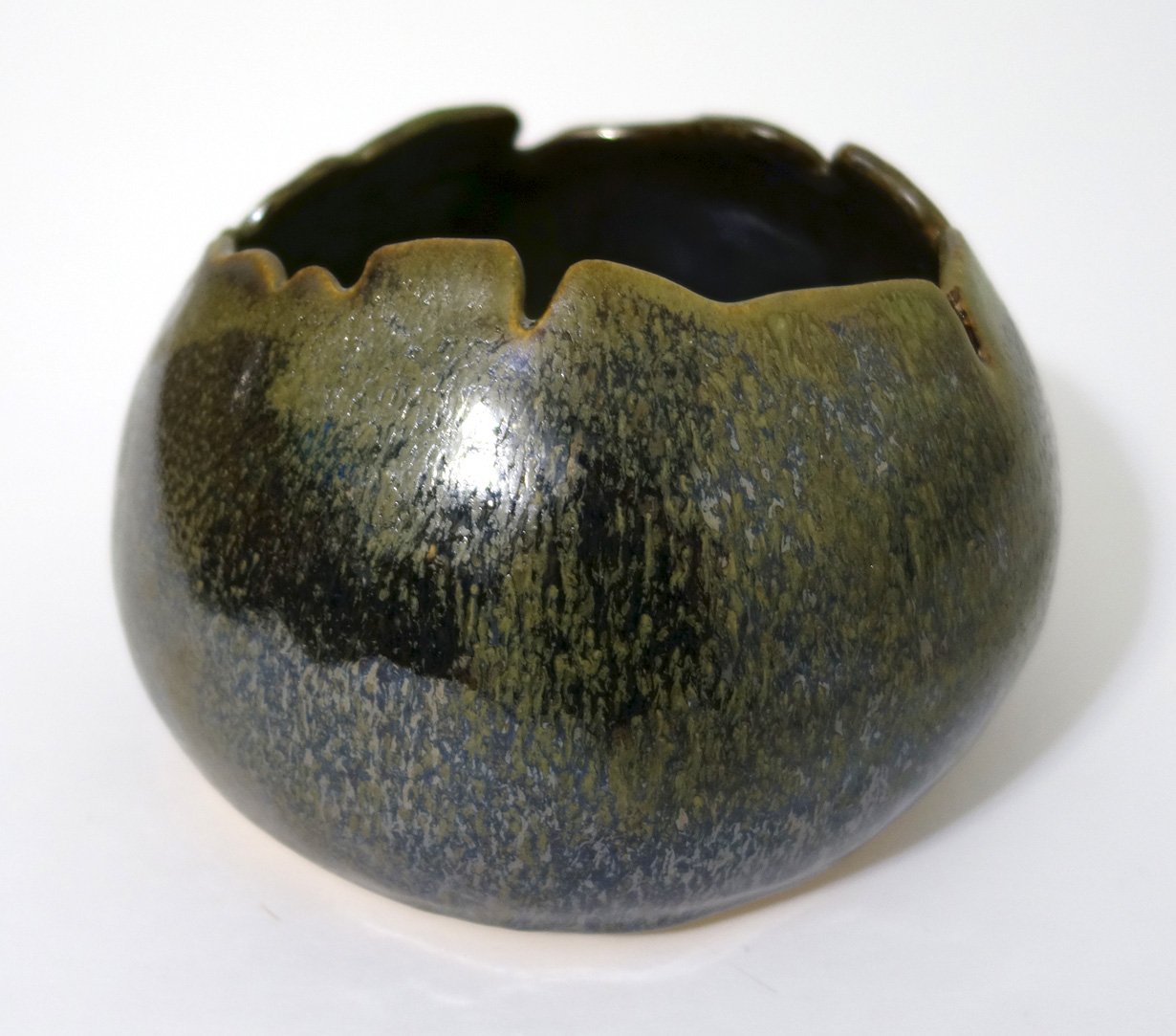 Handmade round black  blistered stoneware ceramic watering pot with black and golden glossy glaze