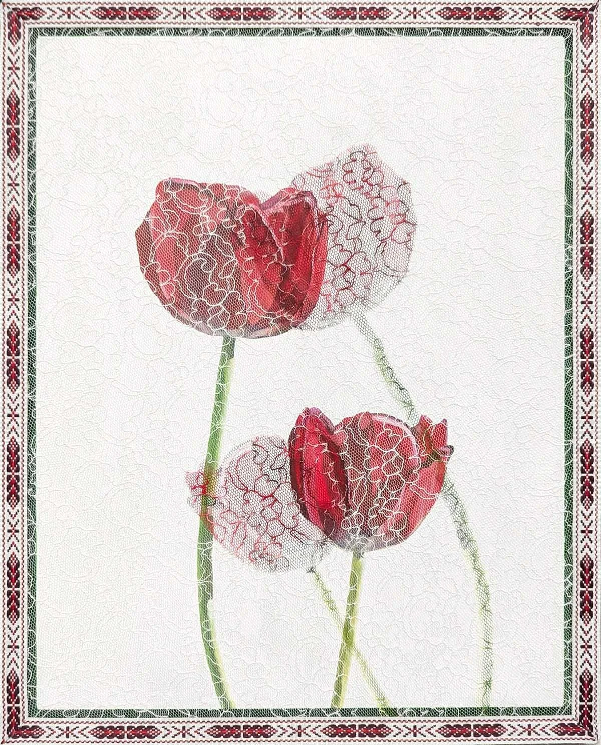Shelby Prindaville’s mixed media lace painting of tulips on a floater panel with Baltic jacquard trim.