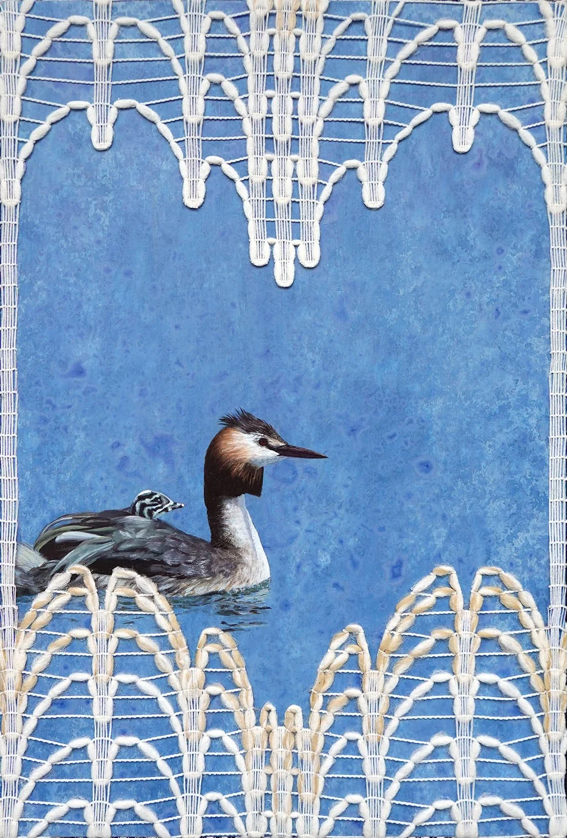 Shelby Prindaville's mixed media painting of a grebe and chick with vintage curtain and jacquard trim.