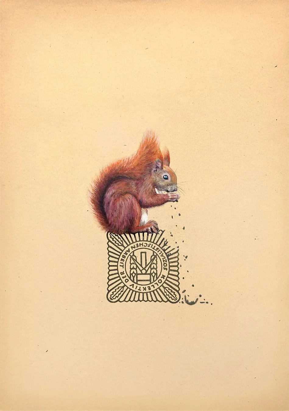 Shelby Prindaville's mixed painting of a red squirrel eating a DDR Socialist Competition emblem.