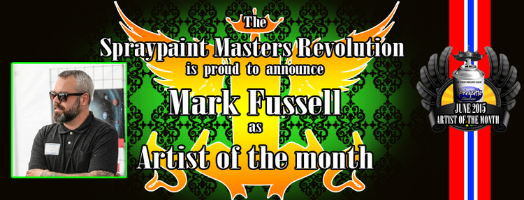 Bio: Markus Fussell is a VA based Artist creating visual landscapes of SciFi, Space, & Lost Civilizations using only spray paint. He started painting in the late 90s using spray paint to create mostly stencil and graffiti pieces. Stopped after a couple years. Then in 2006 he was on the road in San Fran and saw artist Paco painting on the streets. Instantly he was hooked, came home and started painting. Got really into it but didn't completely dedicate himself to painting until he saw a Brandon McConnell video in 2009. Inspired once again he started painting nonstop every day. Eventually joining a few different spray painting pages & discovering other artist, He started to fuse together all the techniques He had seen and eventually even creating his own. Mark Fussell is a master spraypainter in the spraypaint masters Revolution known for his unique style of rattle.