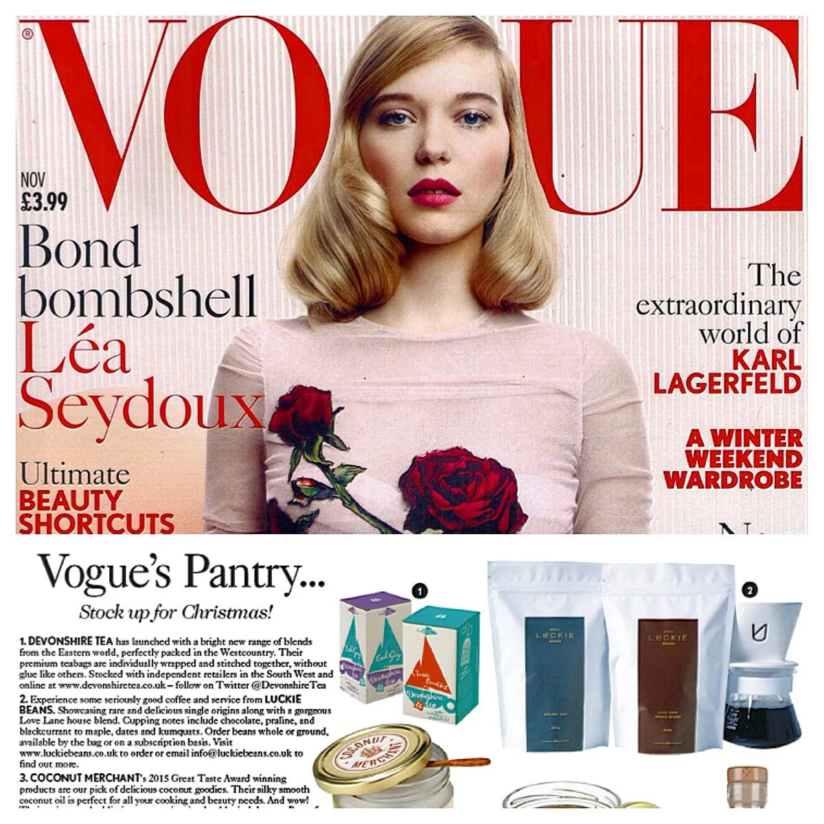 Back in Vogue with a Bond Girl We were back in Vogue again, but this time with a Bond Girl! Showing off our Love Lane House Blend, and Malawi AAA with the V60 ceramic dripper and pot set. 