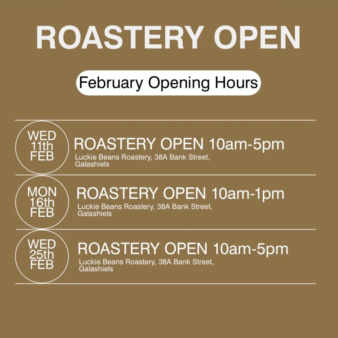 Did you know we open the roastery in Galashiels every Wednesday? Well&hellip;almost every Wednesday. Open today (11th Feb) and then next Monday as we can&rsquo;t next Wednesday, so maybe see you then?  Pop into the Roastery to grab a bag to take home
