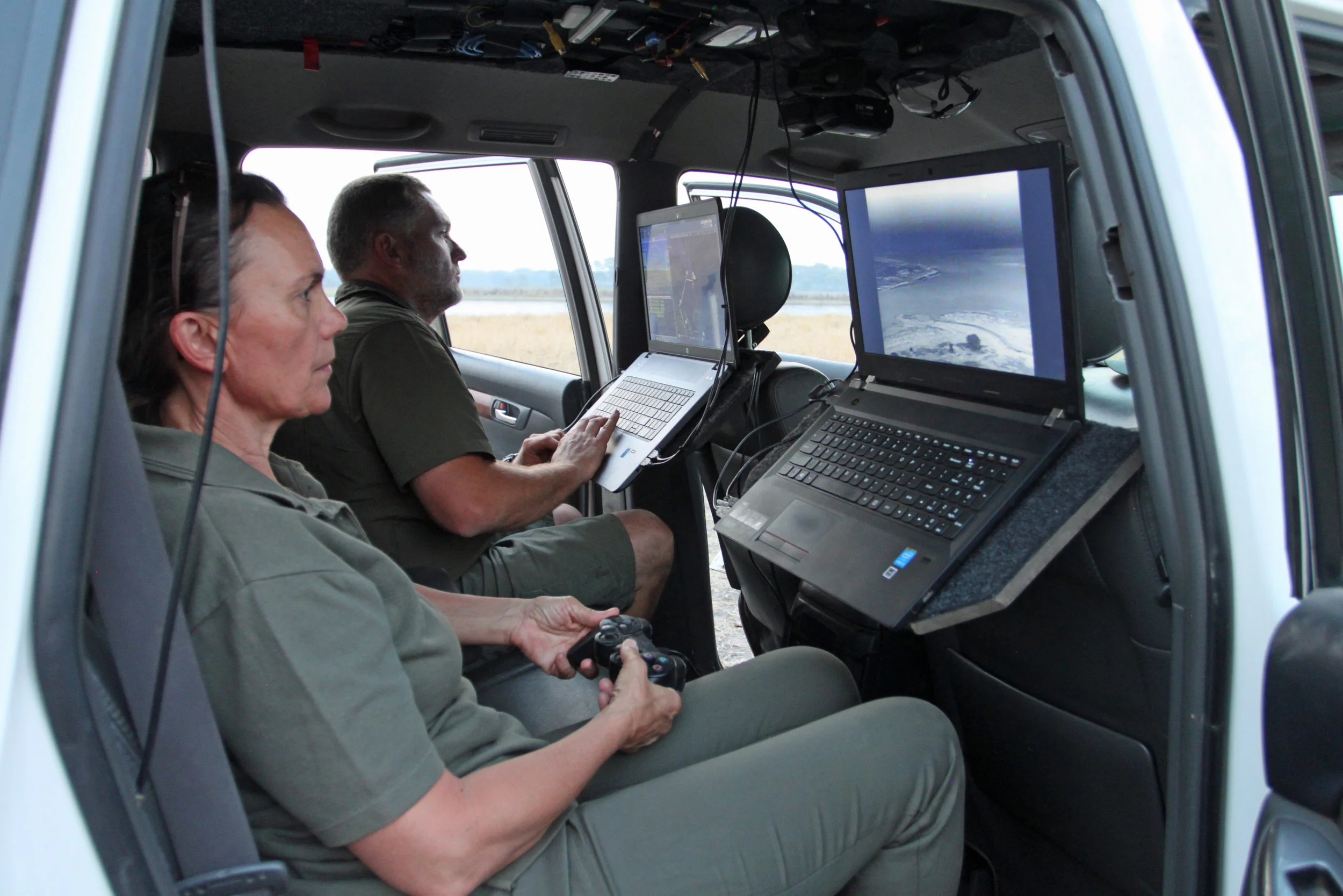 Antoinette Dudley and Stephan De Necker control the UDS BatHawk drone from their car-cum-cockpit.