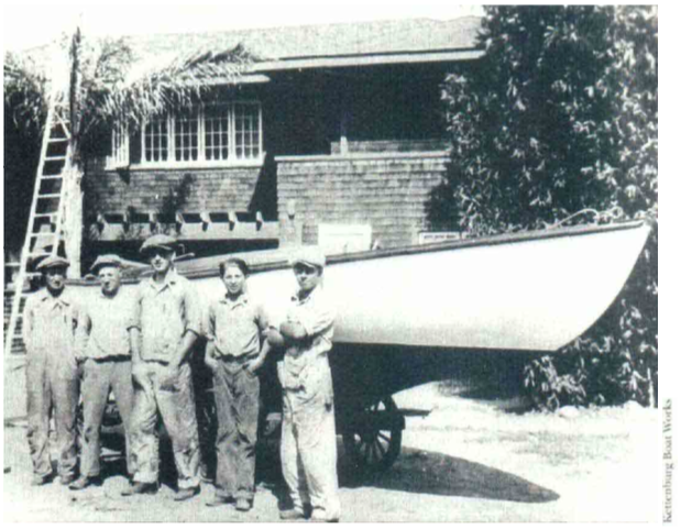 George Kettenburg Jr. (center) and his younger brother Paul (Second from right) in front of an Alden sloop