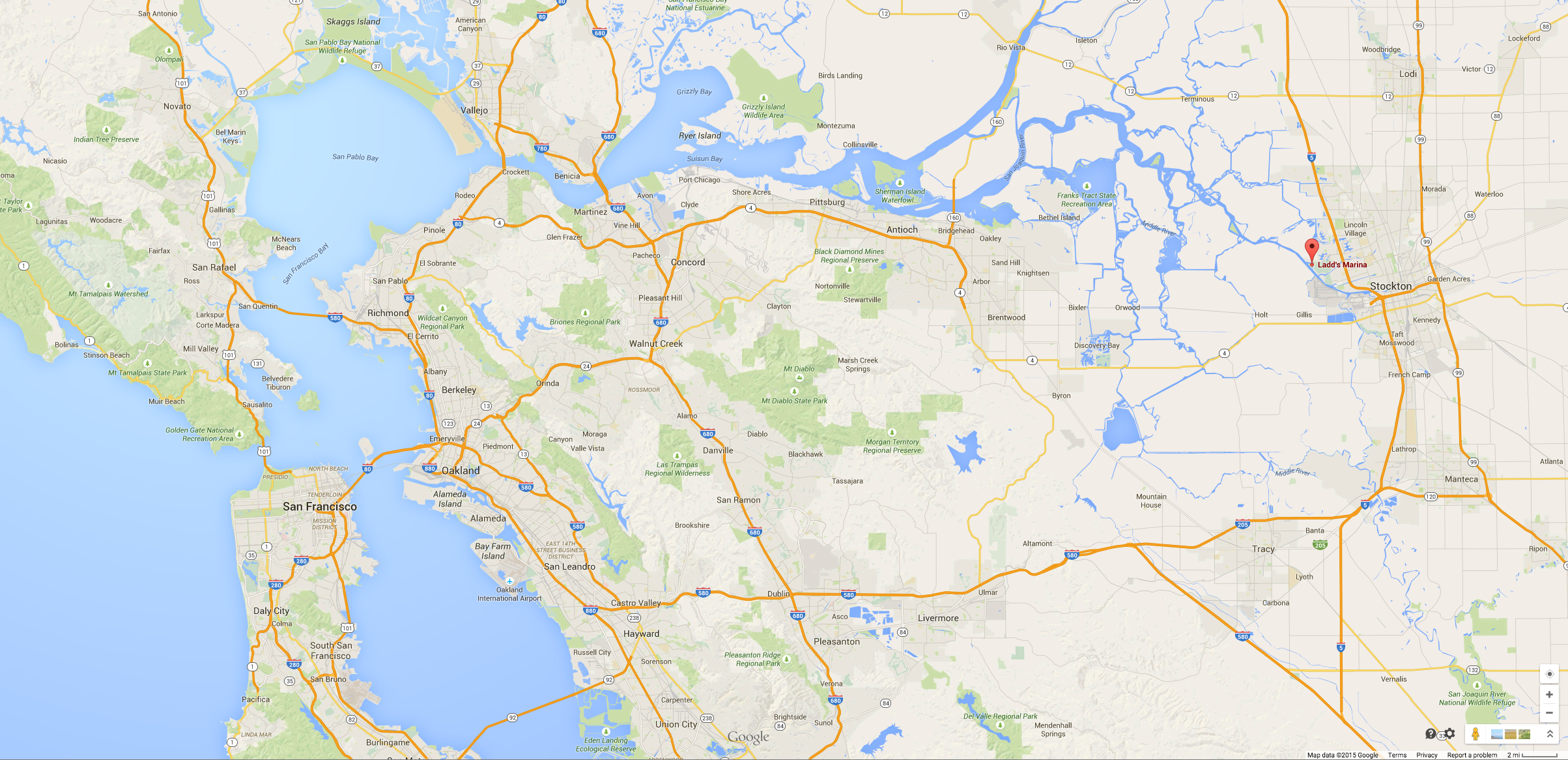 The waterways from Stockton to the bay is mostly rivers and the delta