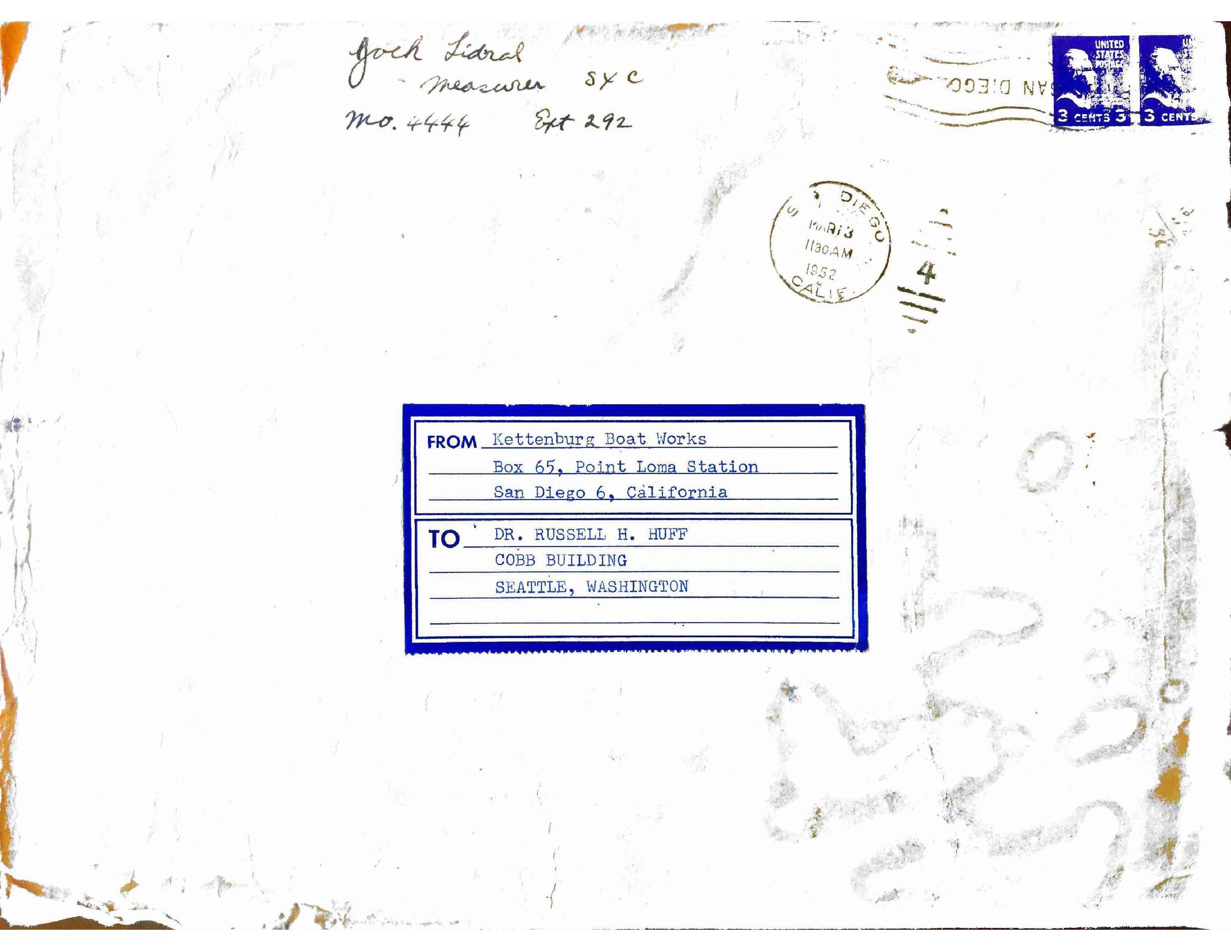 An envelope from the Kettenburg Boat Works sent on 13MAR2015 to the first owner in Seattle Washington which very likely contained the spec sheet, seen below