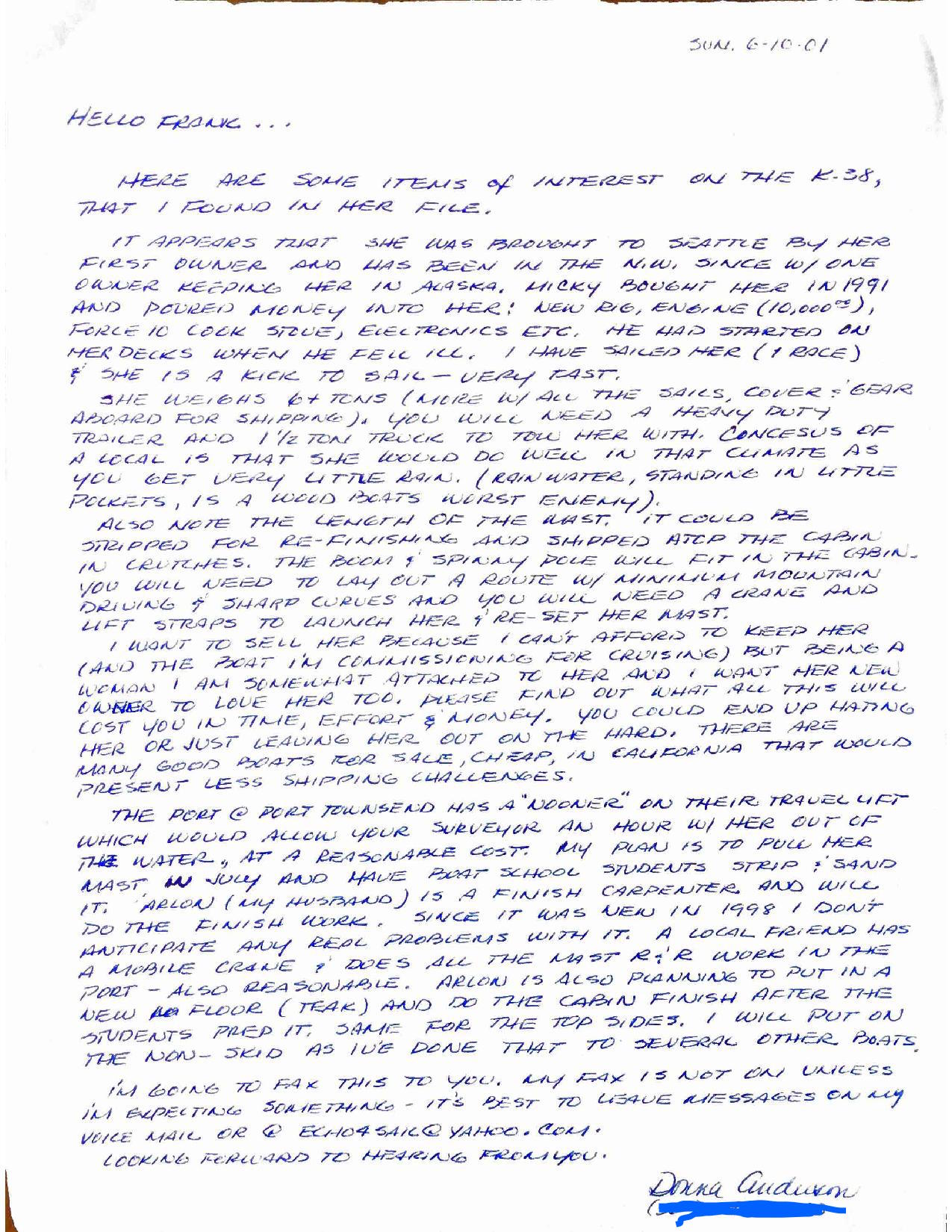 Letter from Donna to Frank about the bought he was about to buy in 2001.