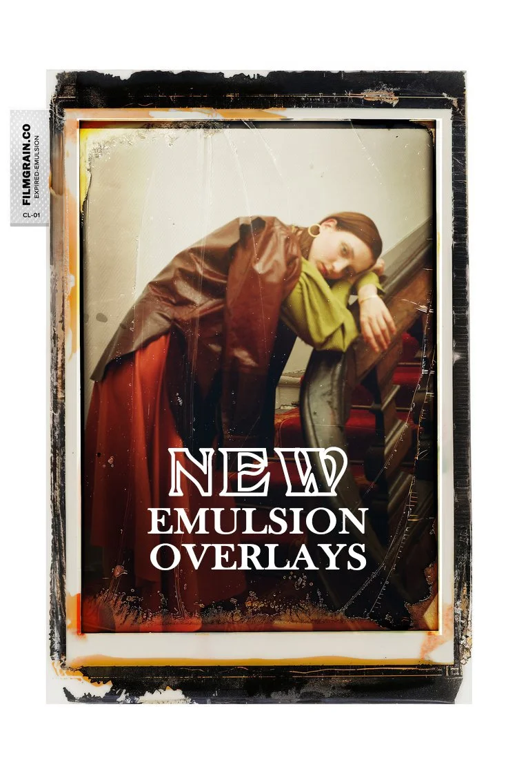 Vintage style advertisement featuring a woman leaning on a staircase railing, with the text 'New Emulsion Overlays' in bold white letters.