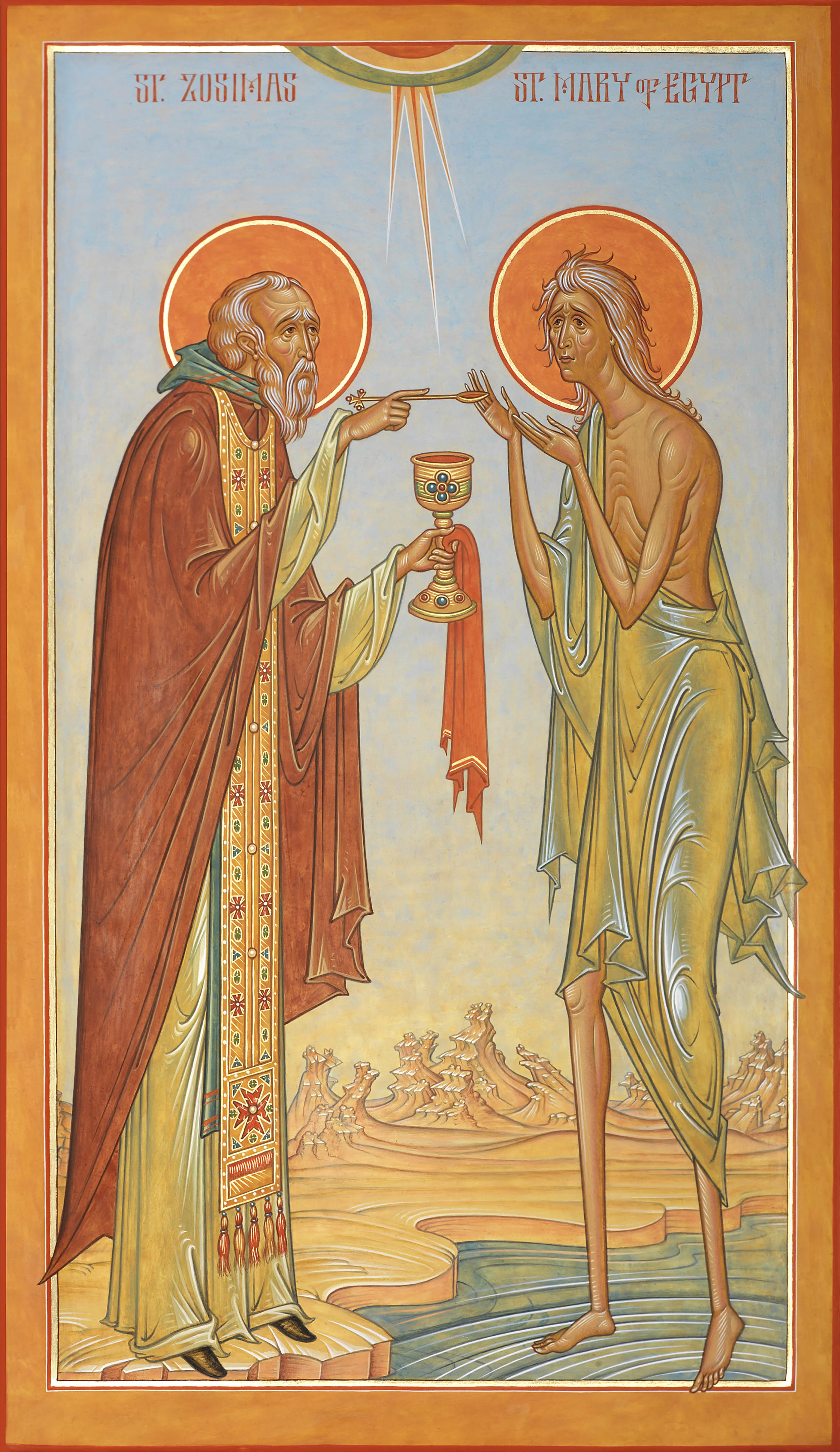 Icon by Fr. Silouan Justiniano https://www.orthodoxartsjournal.org/a-new-icon-of-st-mary-of-egypt-and-st-zosimas-notes-on-form-symbolism/