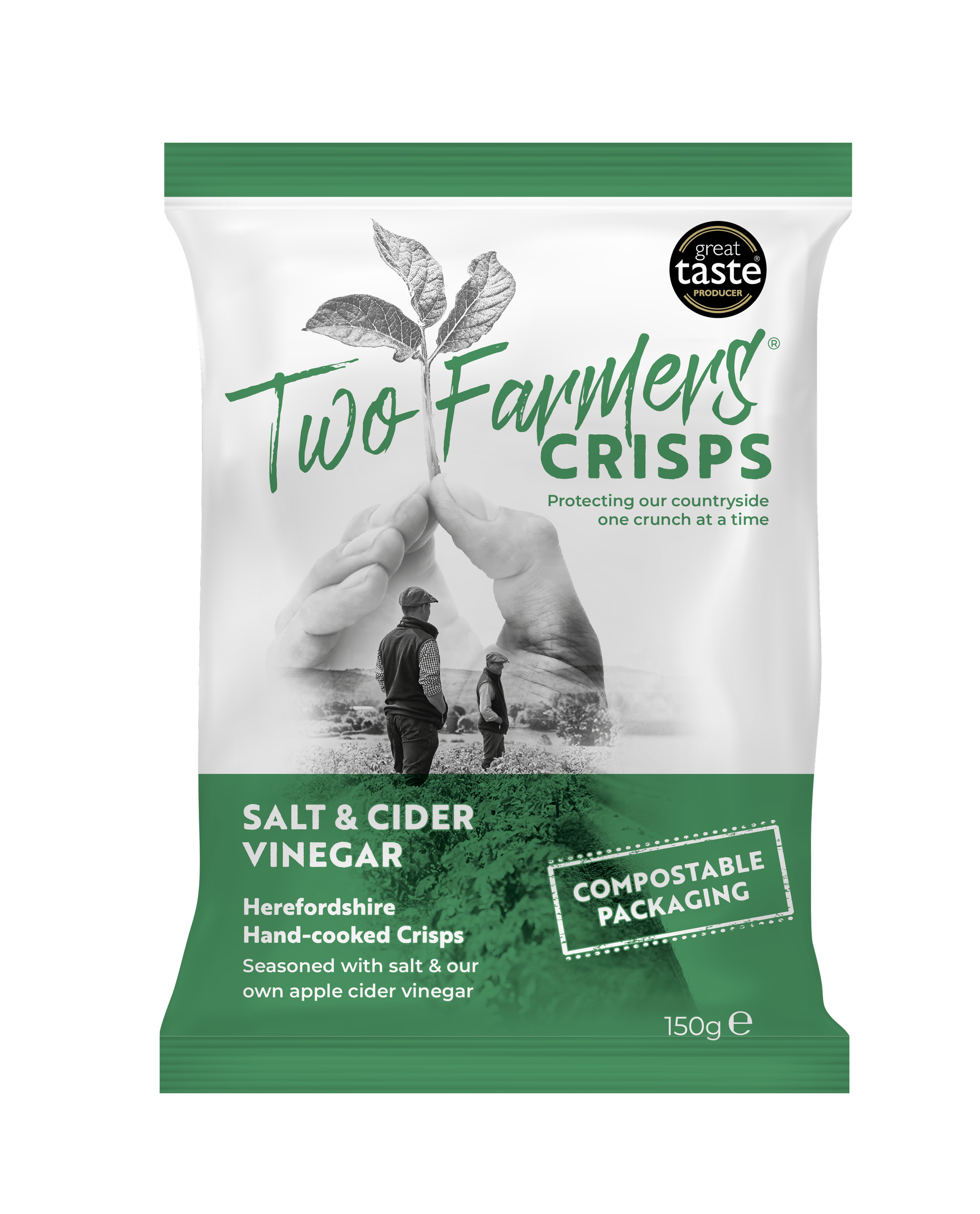 Two Farmers Salt and Vinegar hand-cooked crisps in compostable 150g bag for wholesale