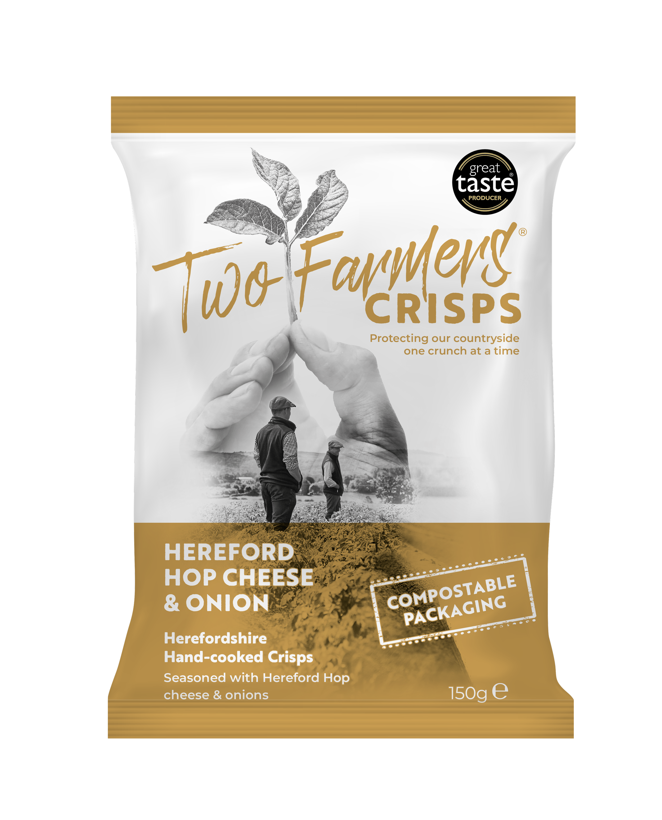 Two Farmers Cheese and Onion hand-cooked crisps in compostable 150g bag for wholesale