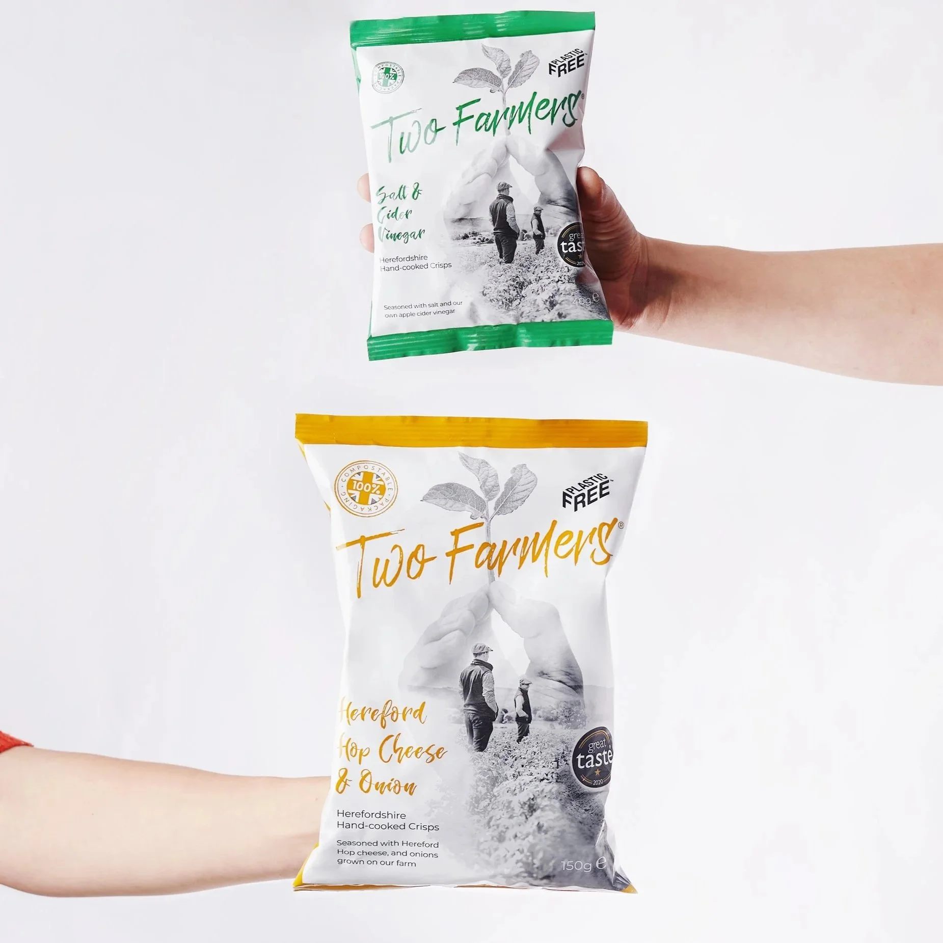 Two Farmers hand-cooked crisps range in compostable 150g bags for wholesale