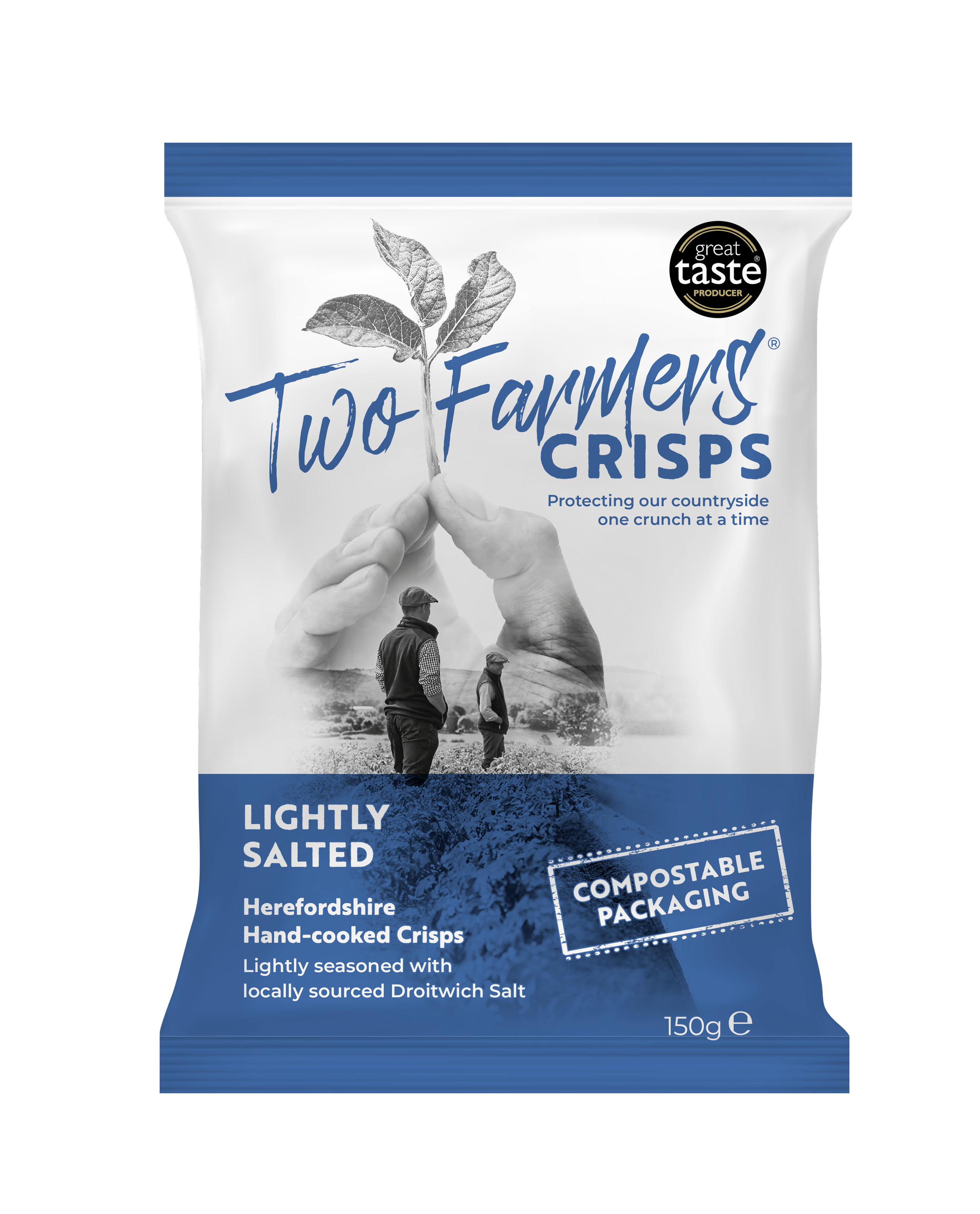 Two Farmers Lightly Salted hand-cooked crisps in compostable 150g bag for wholesale