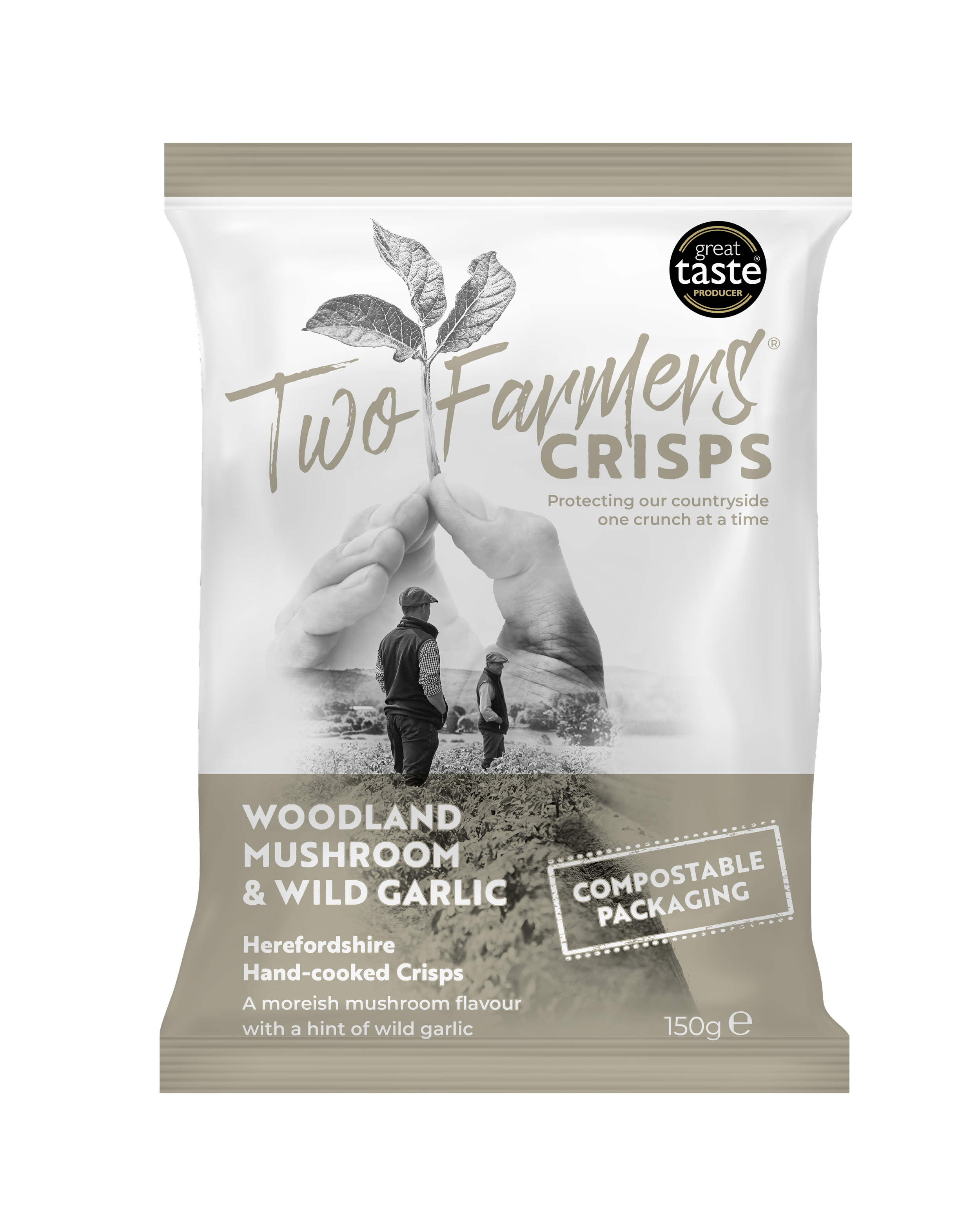 Two Farmers Woodland Mushroom & wild garlic hand-cooked crisps in compostable 150g bag for wholesale