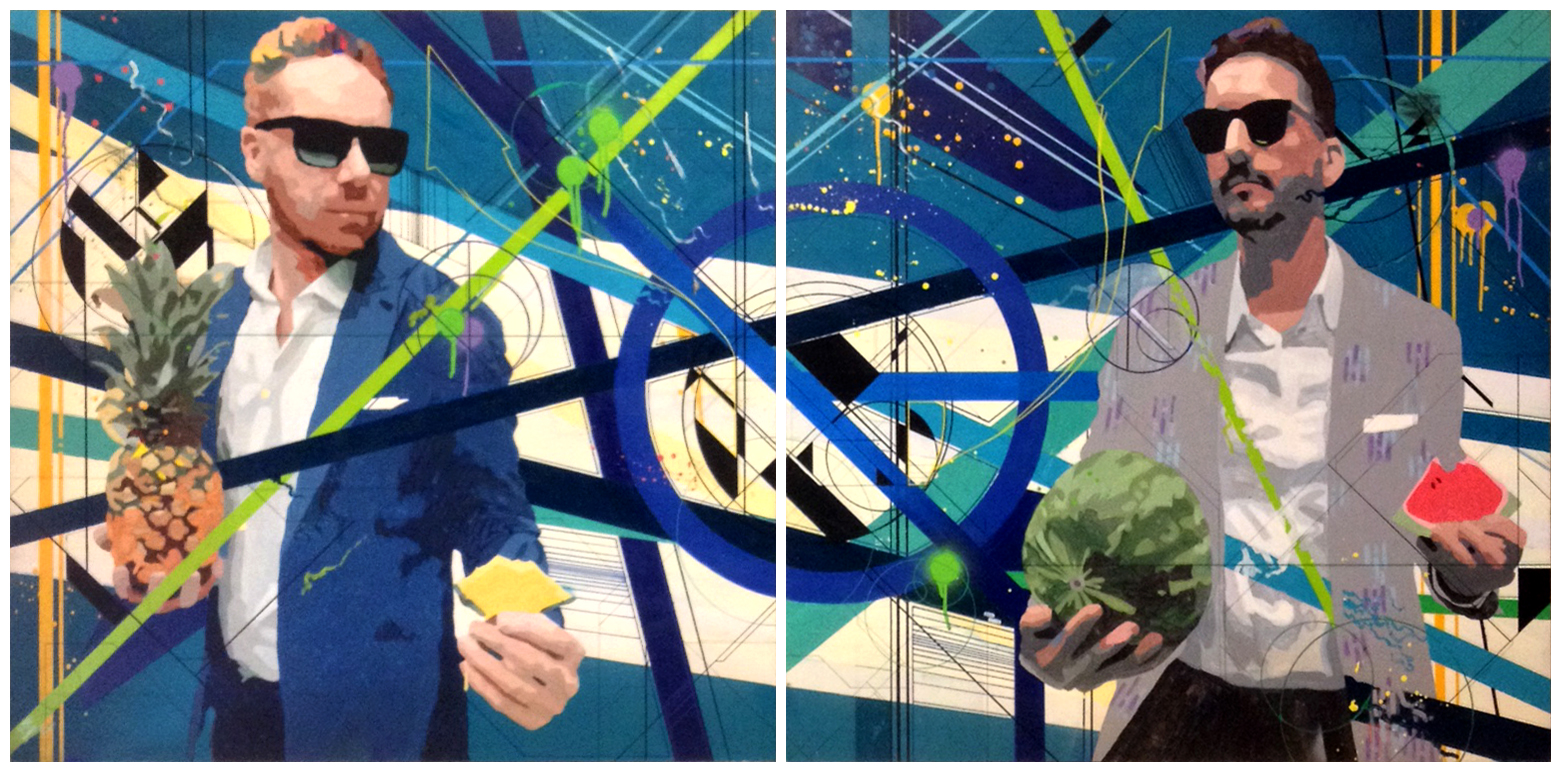 Summer Fruit & Summer Suits | Acrylic and Spray Paint on Wood Panel | Diptych: Two 48in x48in Canvases | 2015