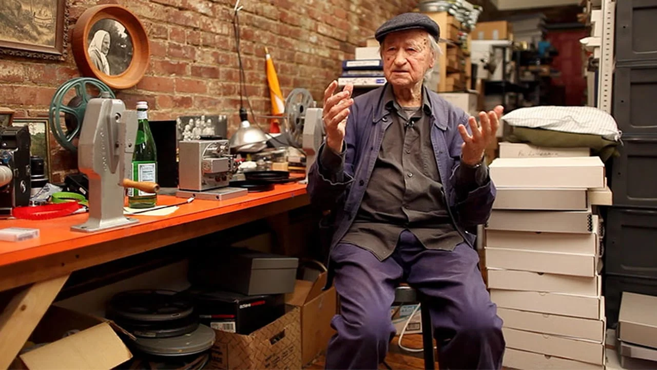 Jonas Mekas in his workspace in Brooklyn, NY.