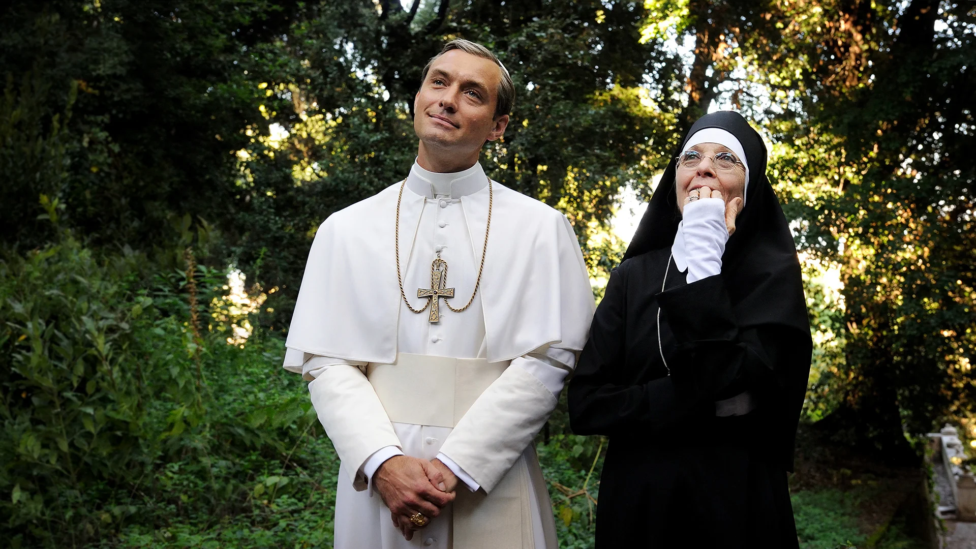 Lenny Belardo (Jude Law) and Sister Mary (Diane Keaton) in the Vatican gardens.