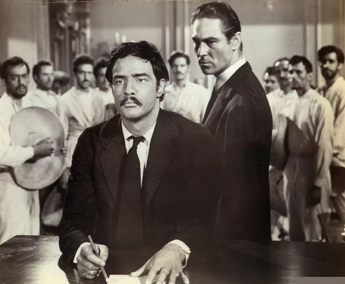 The revolutionary leader Emiliano Zapata (Marlon Brando) recognizes how power corrupts, as the political opportunist Fernando (Joseph Wiseman) looks on in Elia Kazan's dramatized version of the Mexican Revolution, Viva Zapata! .