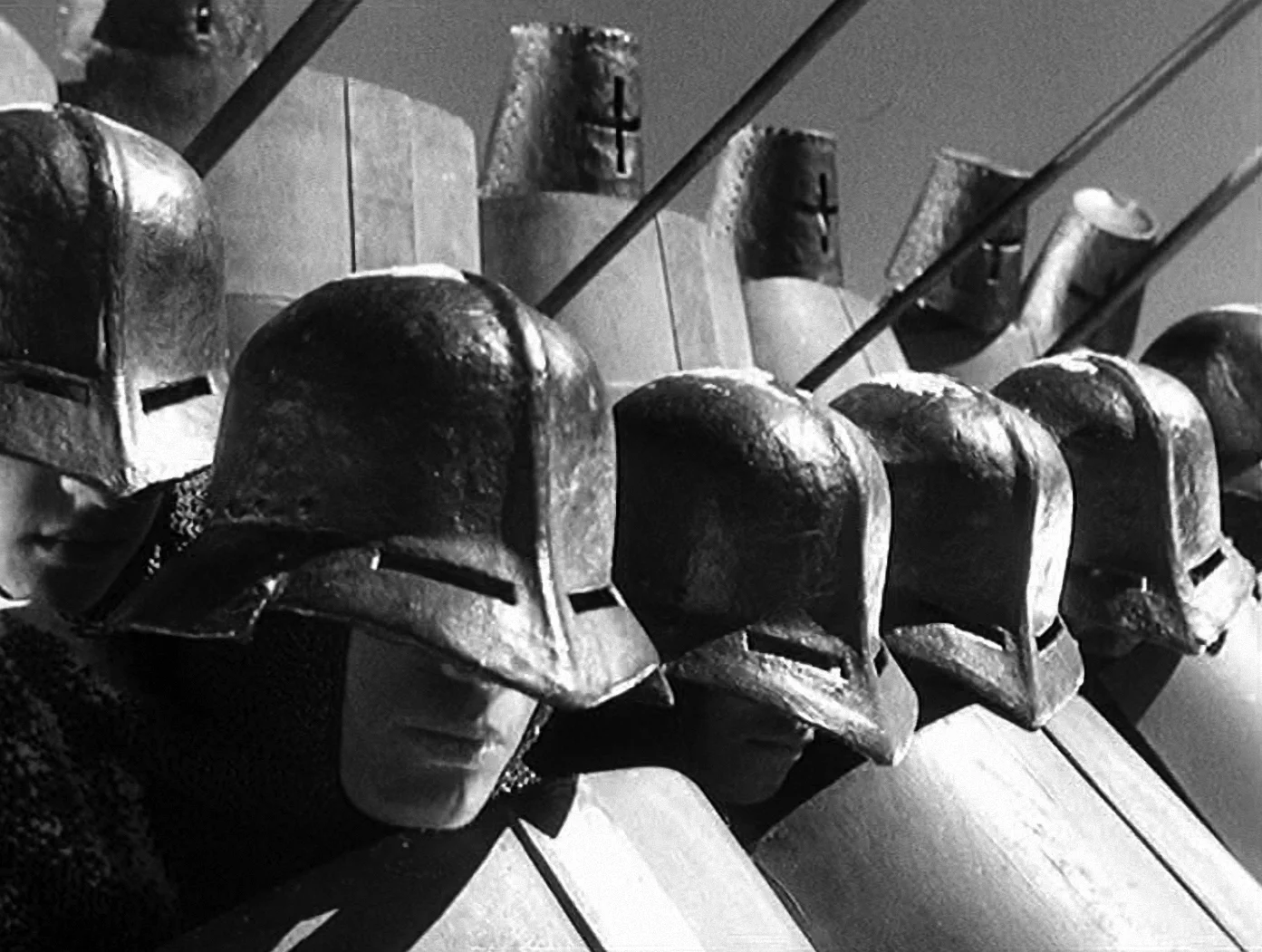 The Teutonic Knights in hedgehog formation facing the Russians in the "Battle on the Ice" from Sergei Eisenstein's patriotic Alexander Nevsky . 