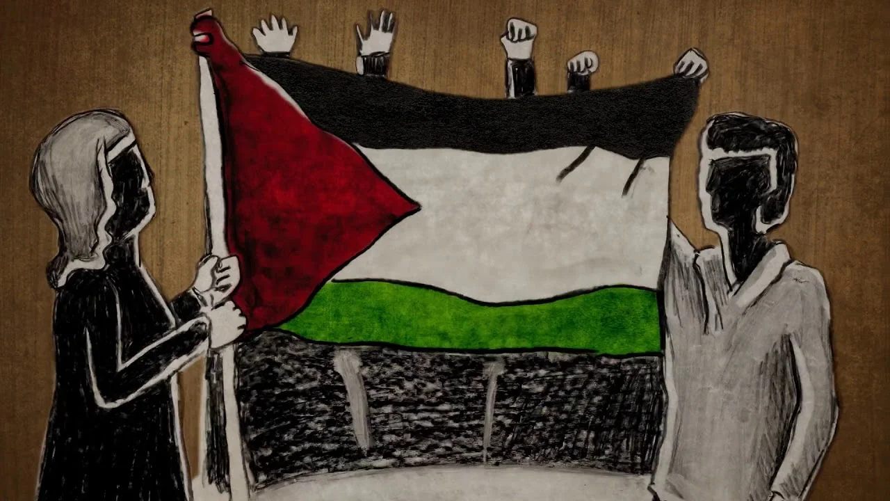 Women raise the hand-sewn Palestinian flag.